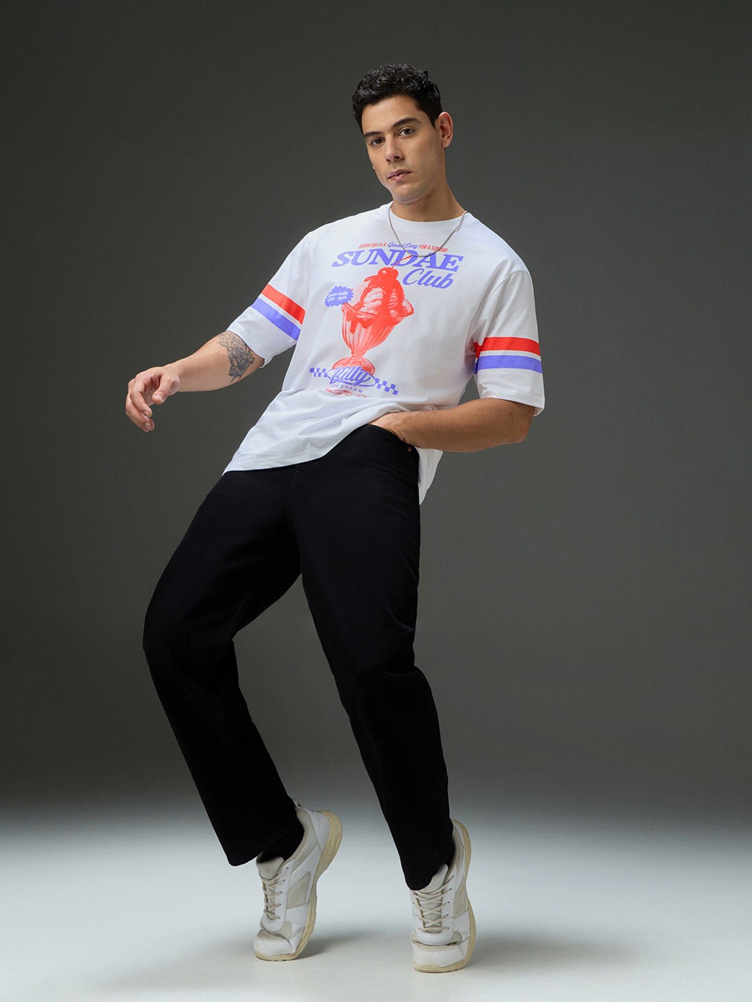 Men Round Neck White Half Sleeve Printed Oversized Fit T-Shirt