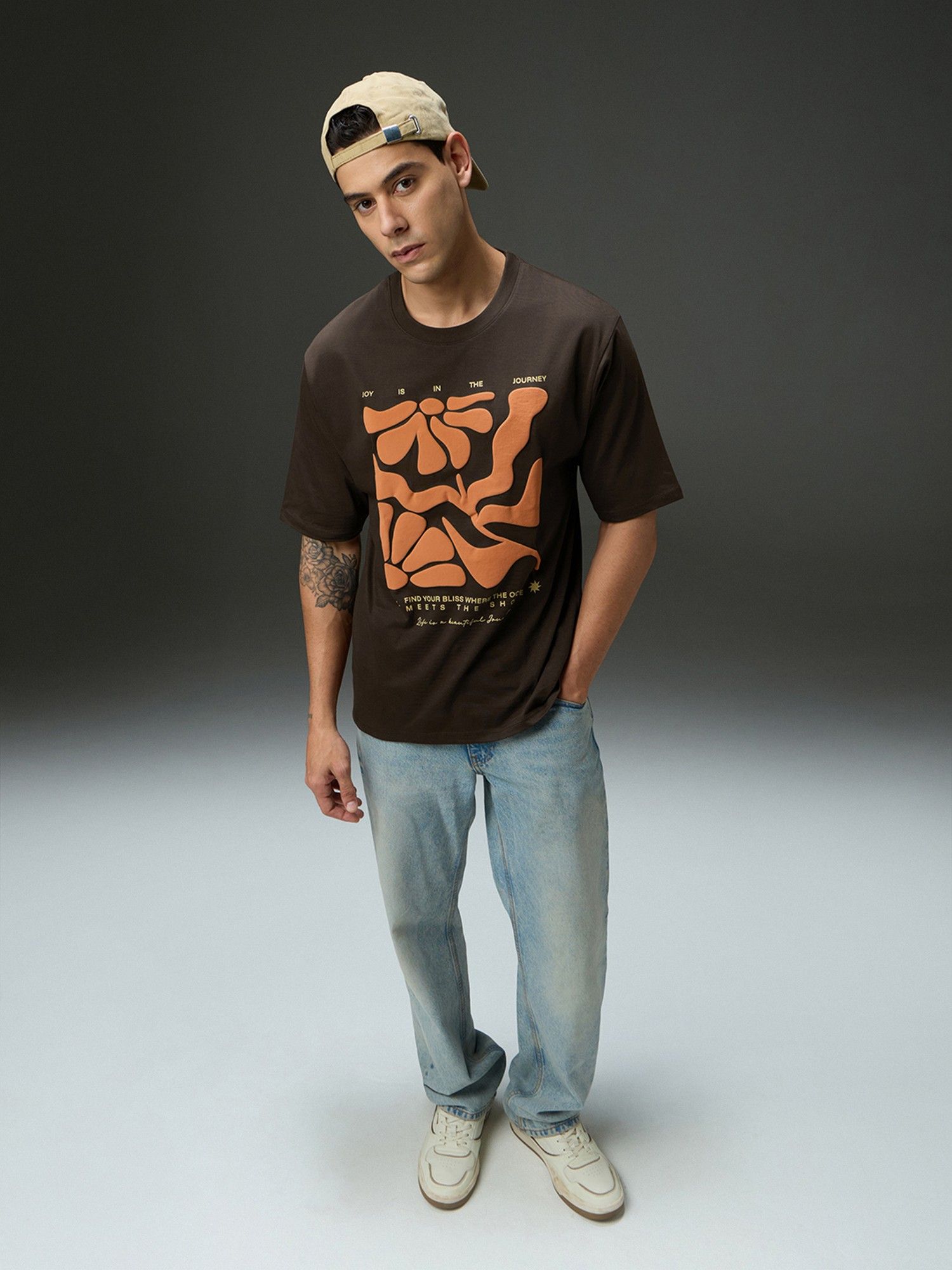 Men Round Neck Half Sleeve Puff Printed Oversized Brown Fit T-Shirt