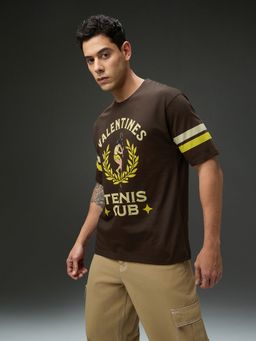 DILLINGER - Men Round Neck Half Sleeve Brown Printed Oversized Fit T-Shirt