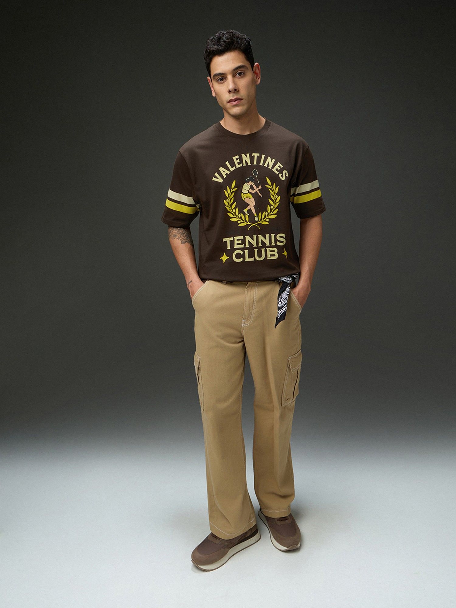 Men Round Neck Half Sleeve Brown Printed Oversized Fit T-Shirt