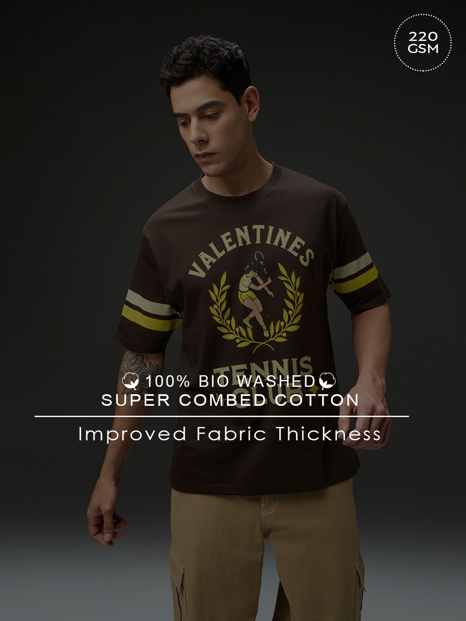 Men Round Neck Half Sleeve Brown Printed Oversized Fit T-Shirt