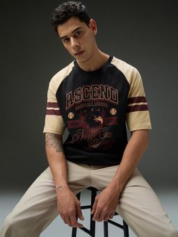 DILLINGER - Men Round Neck Raglan Sleeve Black Printed Oversized Fit T-Shirt