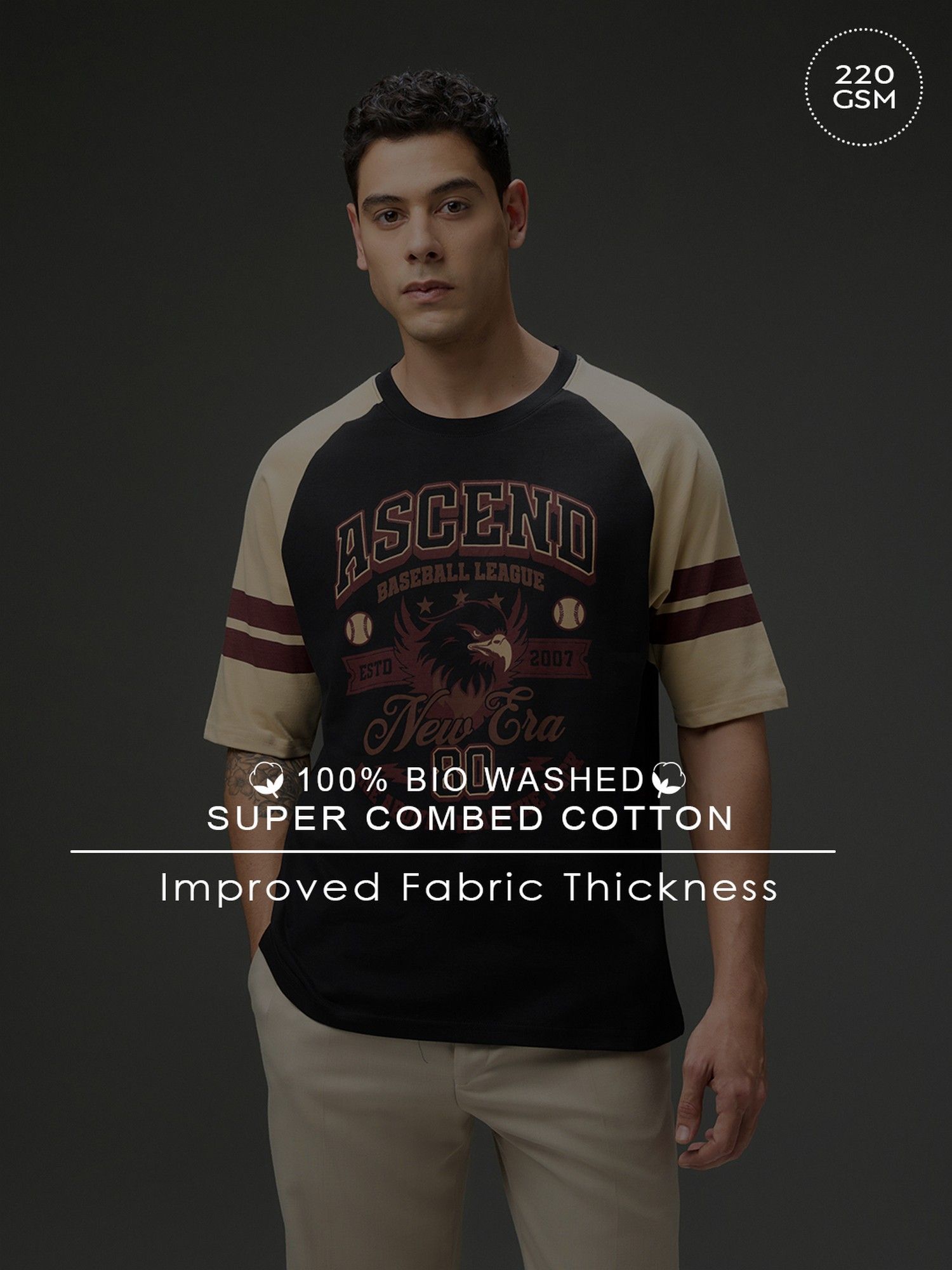Men Round Neck Raglan Sleeve Black Printed Oversized Fit T-Shirt