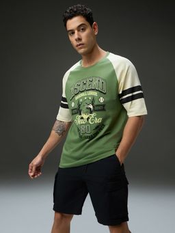 DILLINGER - Men Round Neck Raglan Sleeve Green Printed Oversized Fit T-Shirt