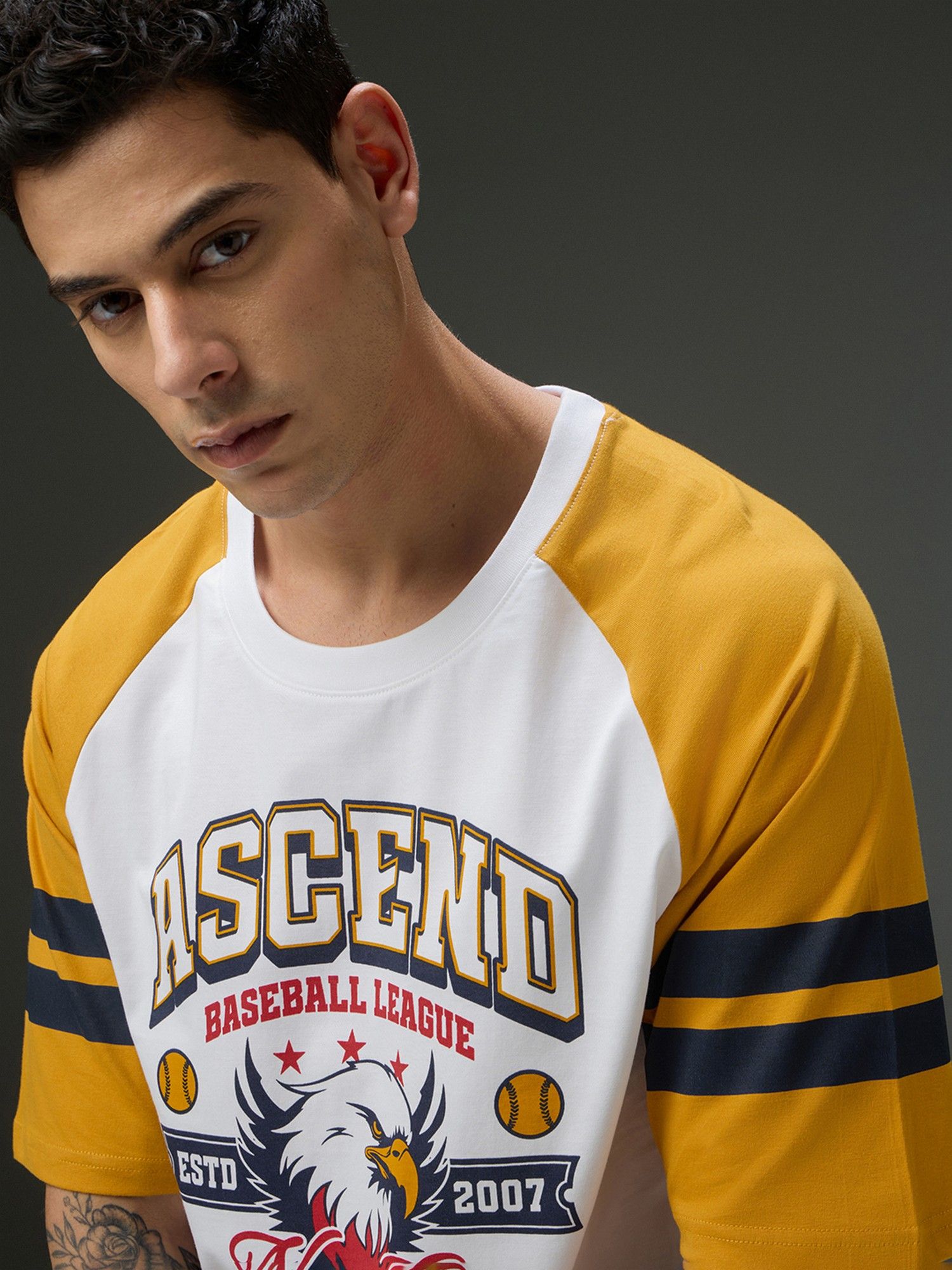 Men Round Neck Raglan Sleeve White Printed Oversized Fit T-Shirt