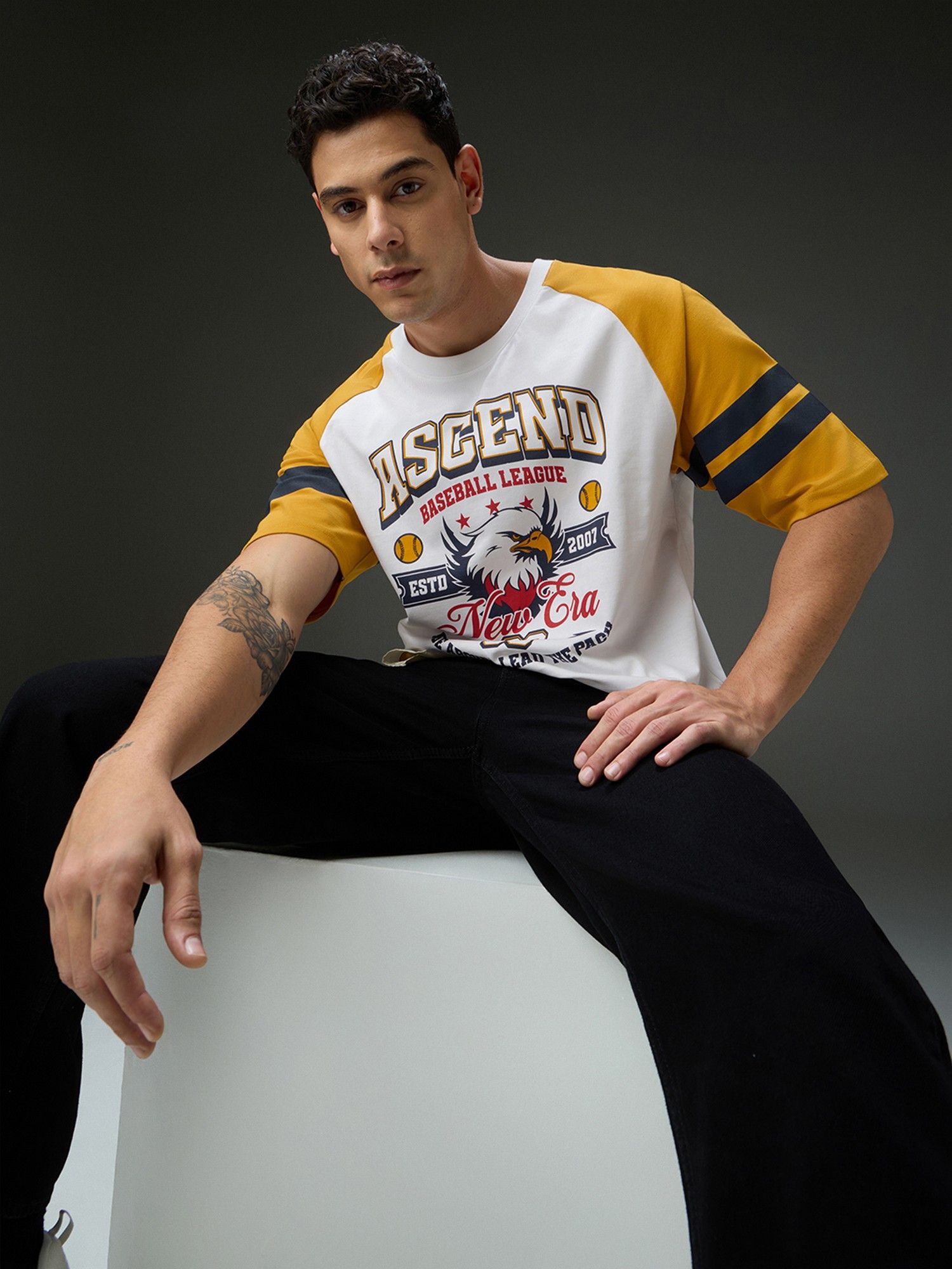 Men Round Neck Raglan Sleeve White Printed Oversized Fit T-Shirt