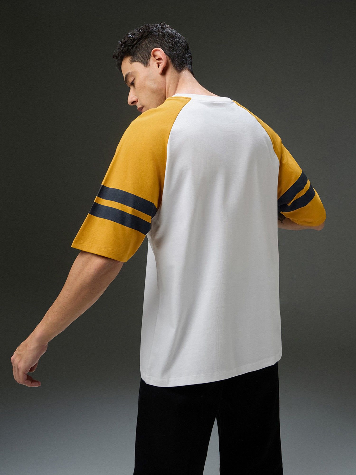 Men Round Neck Raglan Sleeve White Printed Oversized Fit T-Shirt
