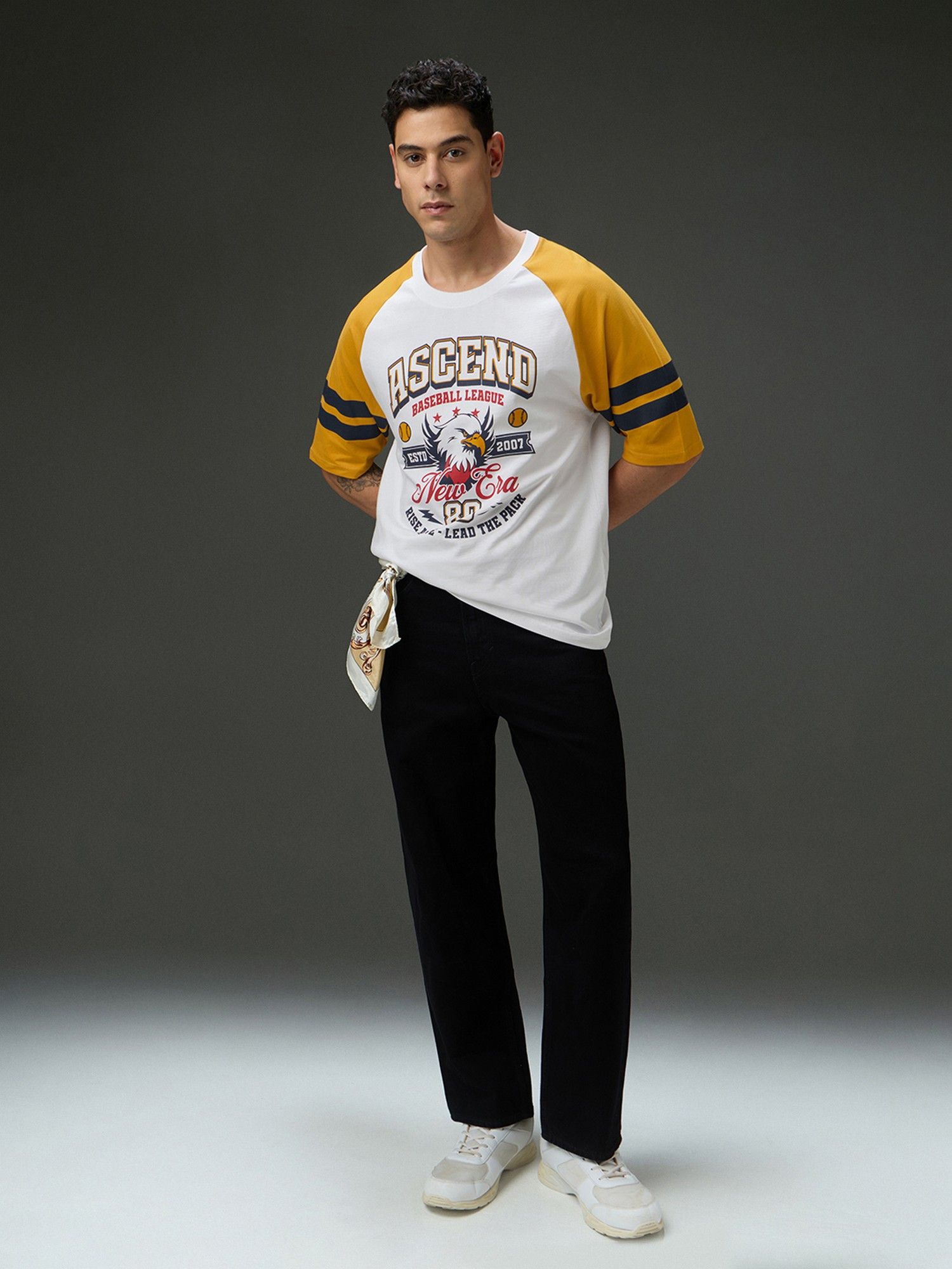 Men Round Neck Raglan Sleeve White Printed Oversized Fit T-Shirt