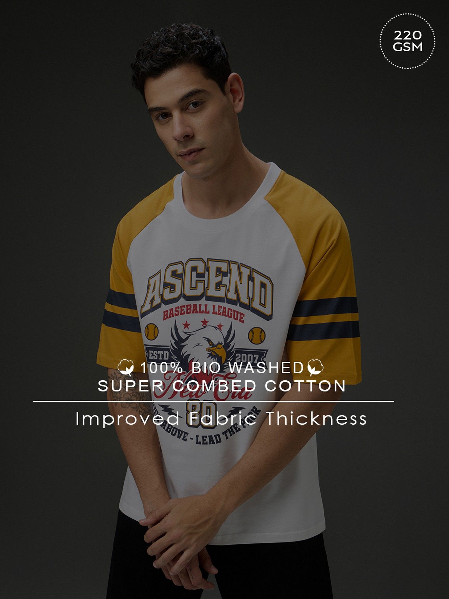 Men Round Neck Raglan Sleeve White Printed Oversized Fit T-Shirt