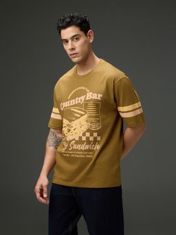 DILLINGER - Men Round Neck Half Sleeve Printed Brown Oversized Fit T-Shirt