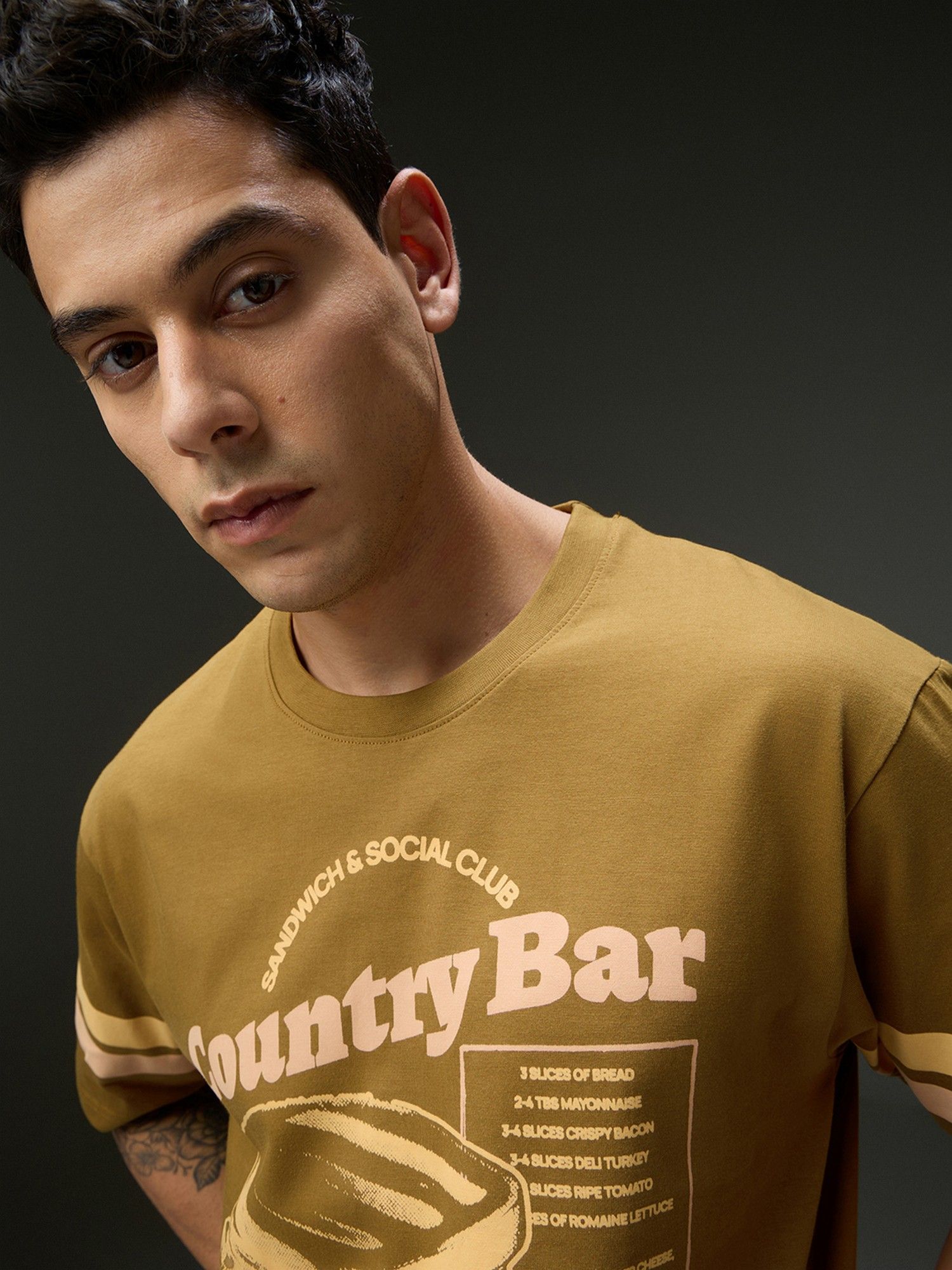 Men Round Neck Half Sleeve Printed Brown Oversized Fit T-Shirt