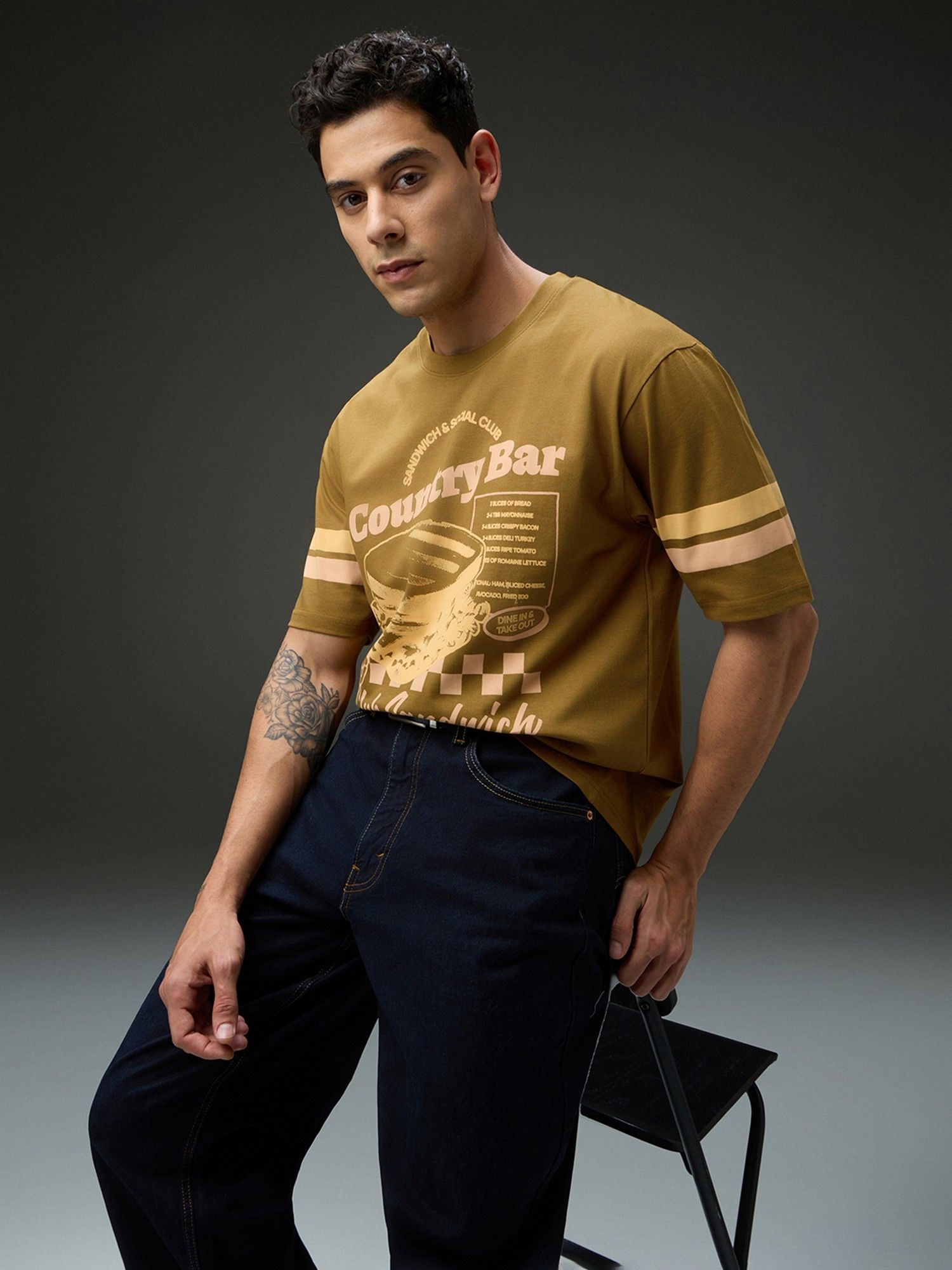 Men Round Neck Half Sleeve Printed Brown Oversized Fit T-Shirt