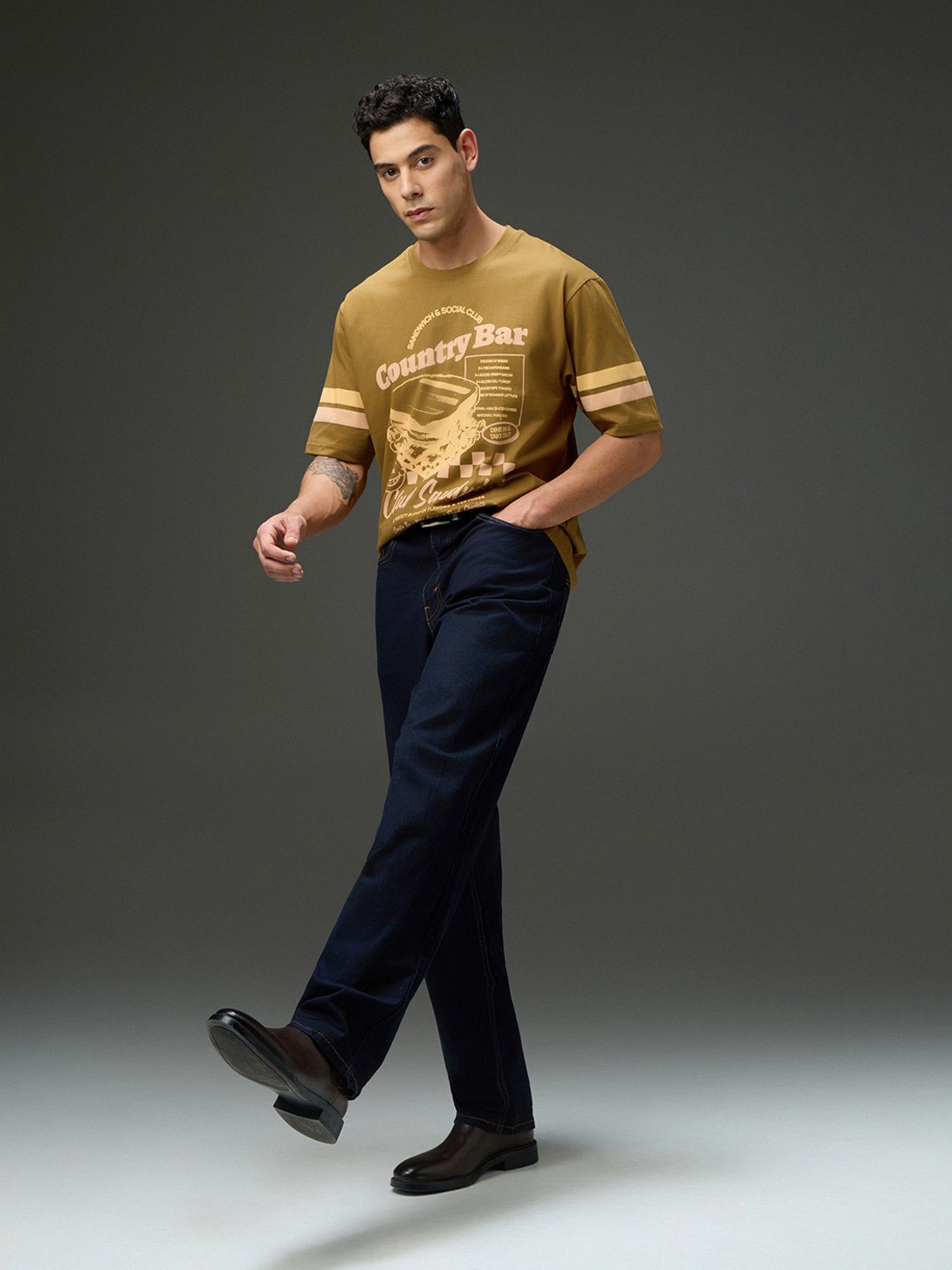 Men Round Neck Half Sleeve Printed Brown Oversized Fit T-Shirt