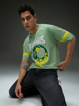 DILLINGER - Men Round Neck Half Sleeve Green Printed Oversized Fit T-Shirt