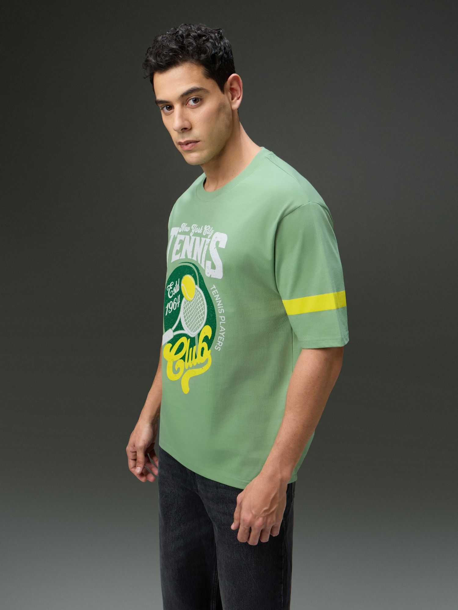 Men Round Neck Half Sleeve Green Printed Oversized Fit T-Shirt