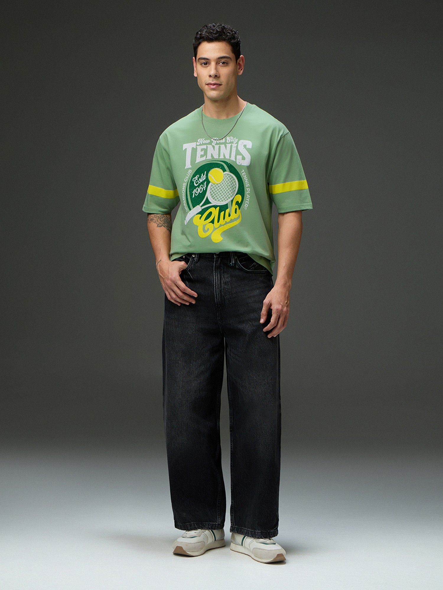 Men Round Neck Half Sleeve Green Printed Oversized Fit T-Shirt
