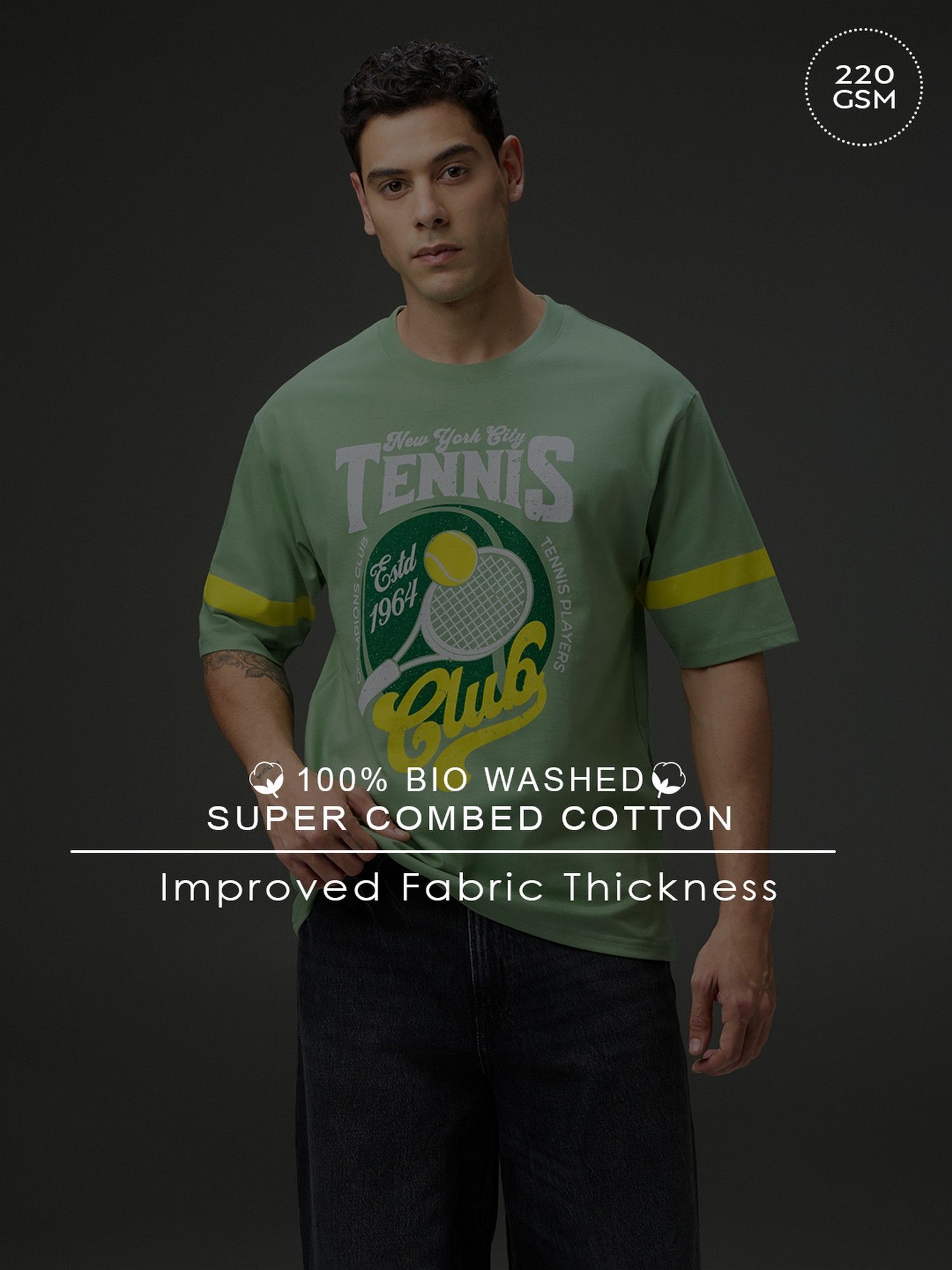 Men Round Neck Half Sleeve Green Printed Oversized Fit T-Shirt
