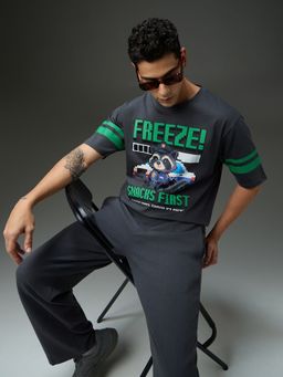 DILLINGER - Men Round Neck Half Sleeve Puff Grey Printed Oversized Fit T-Shirt