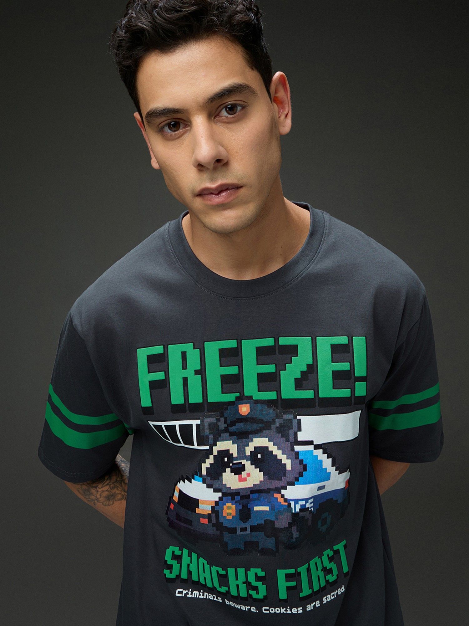 Men Round Neck Half Sleeve Puff Grey Printed Oversized Fit T-Shirt
