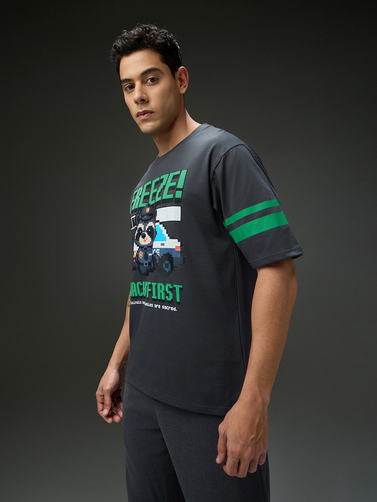 Men Round Neck Half Sleeve Puff Grey Printed Oversized Fit T-Shirt