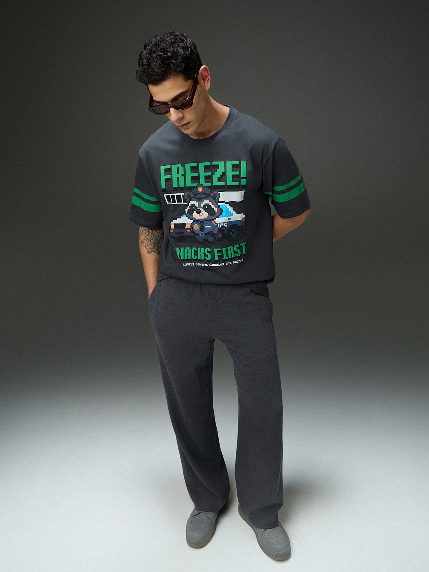 Men Round Neck Half Sleeve Puff Grey Printed Oversized Fit T-Shirt