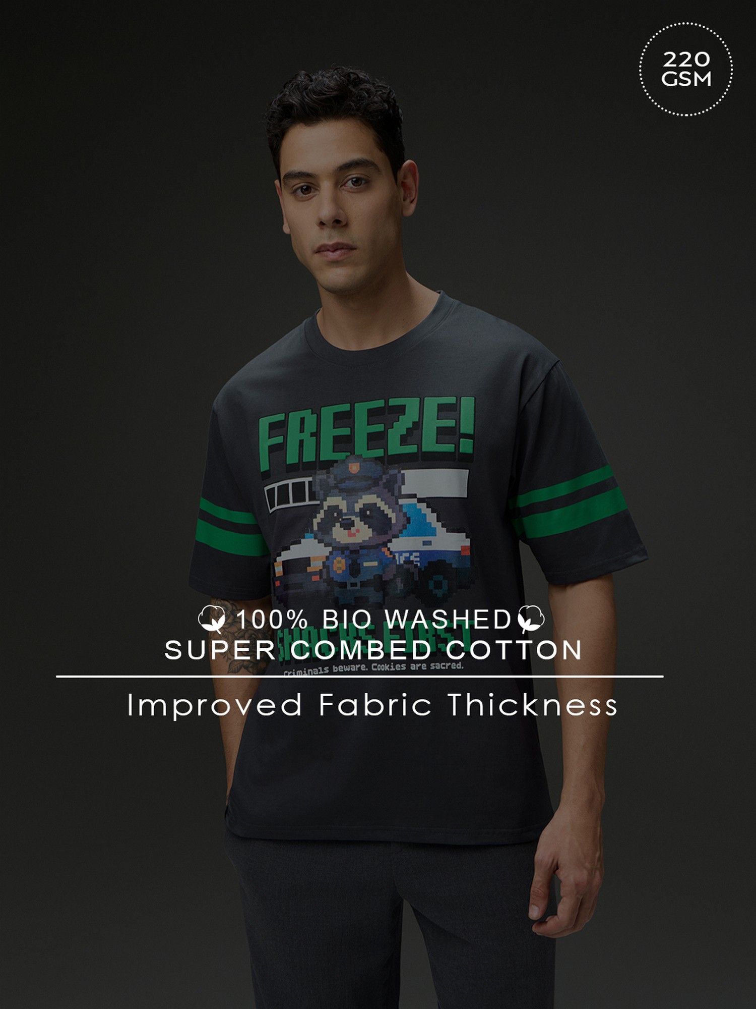 Men Round Neck Half Sleeve Puff Grey Printed Oversized Fit T-Shirt