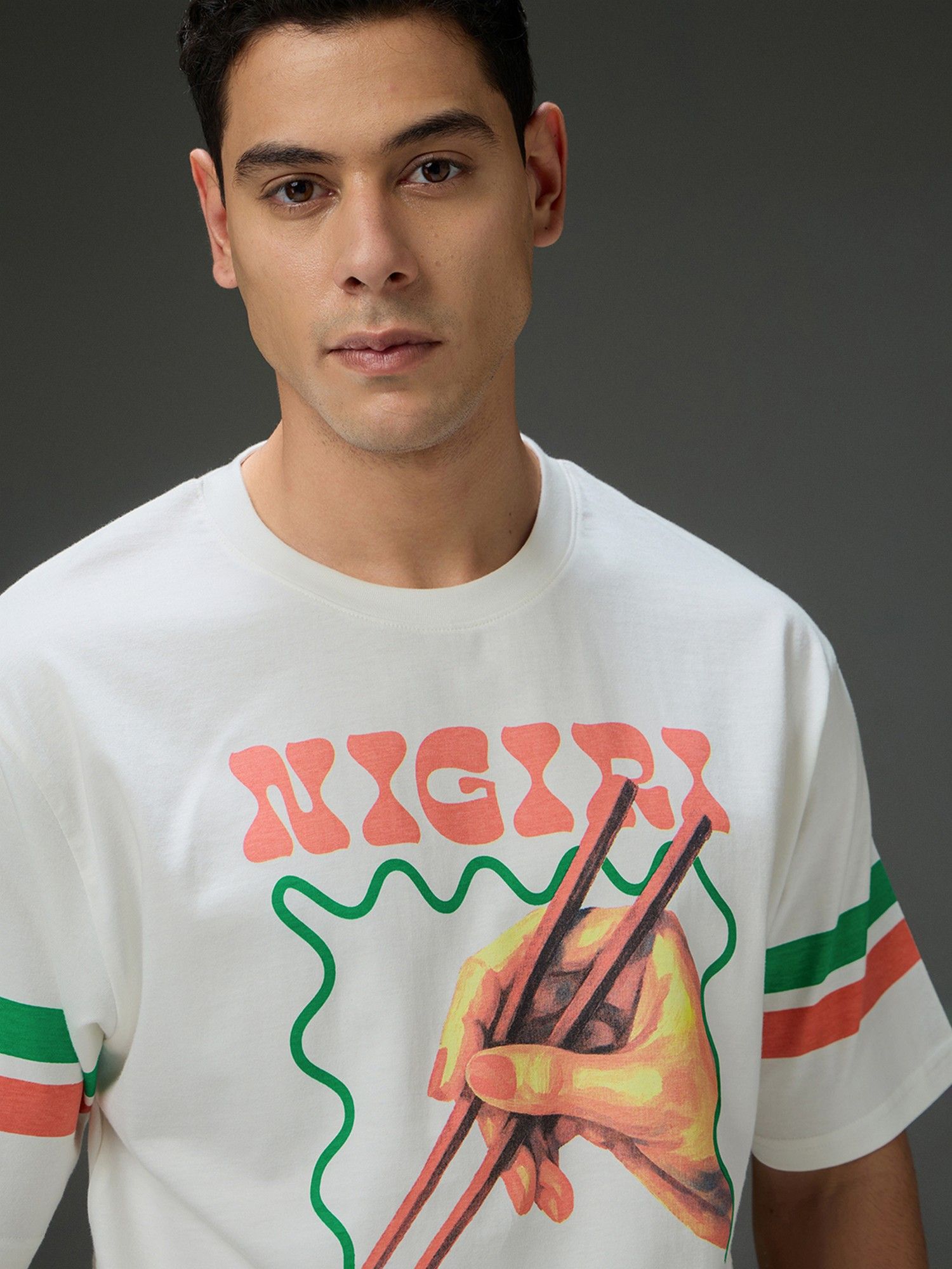 Men Round Neck Half Sleeve Off White Printed Oversized Fit T-Shirt