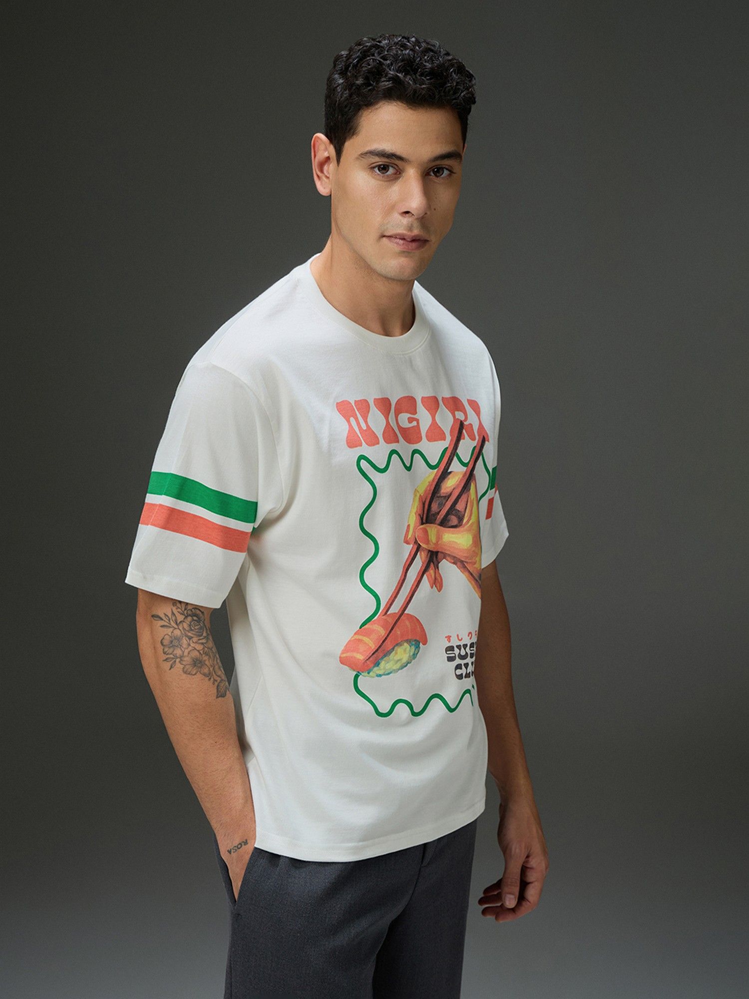 Men Round Neck Half Sleeve Off White Printed Oversized Fit T-Shirt