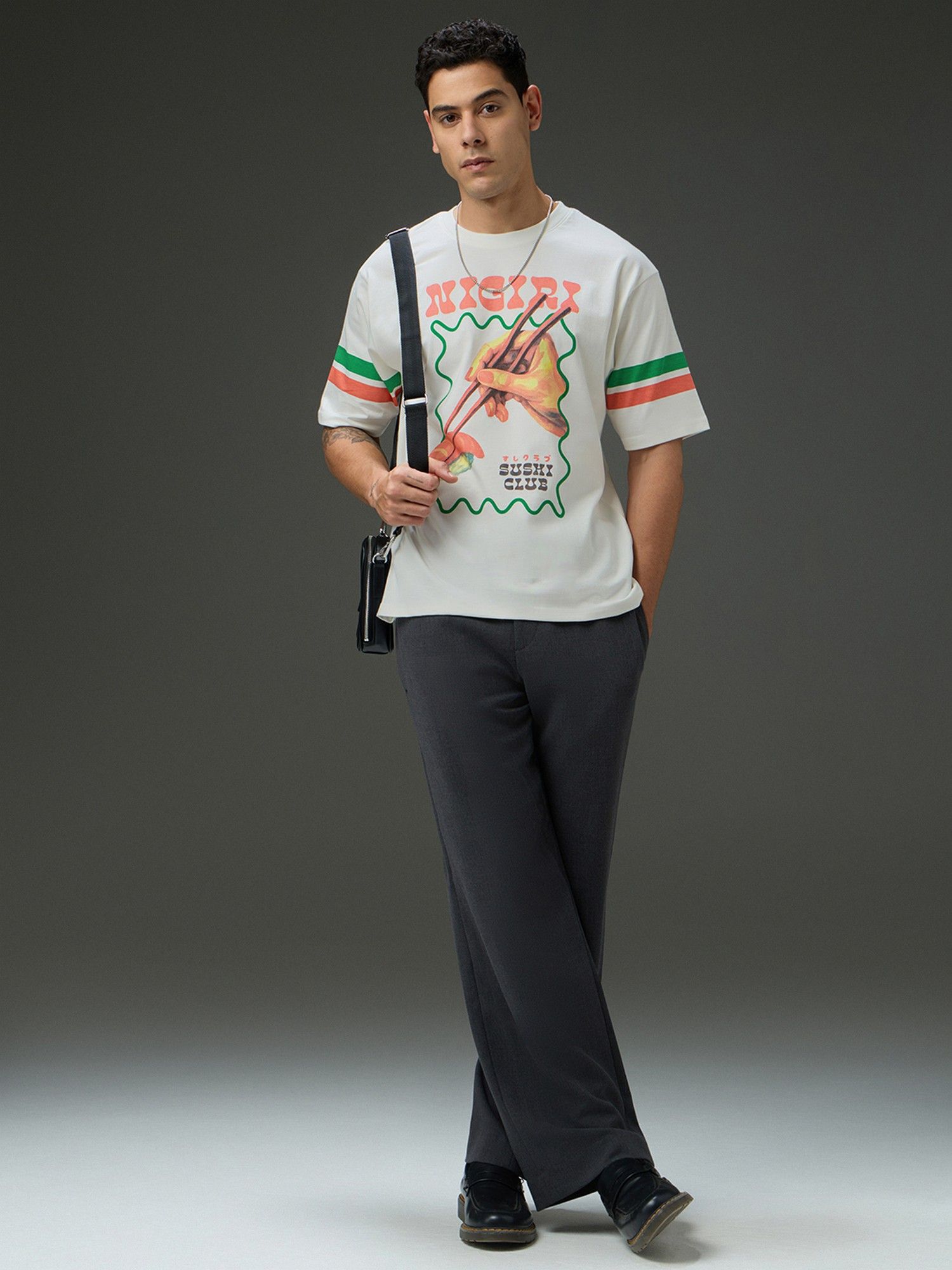 Men Round Neck Half Sleeve Off White Printed Oversized Fit T-Shirt