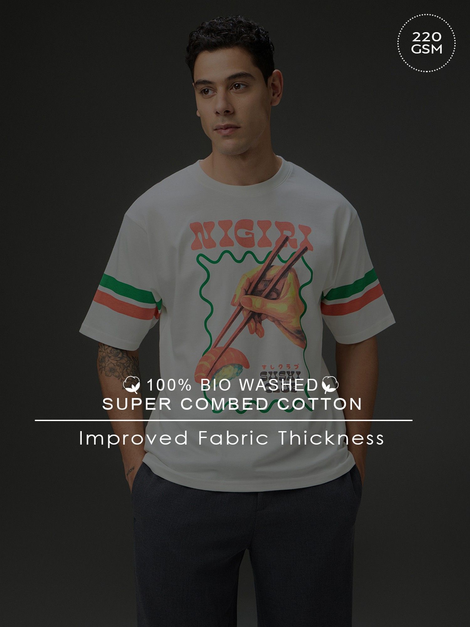 Men Round Neck Half Sleeve Off White Printed Oversized Fit T-Shirt