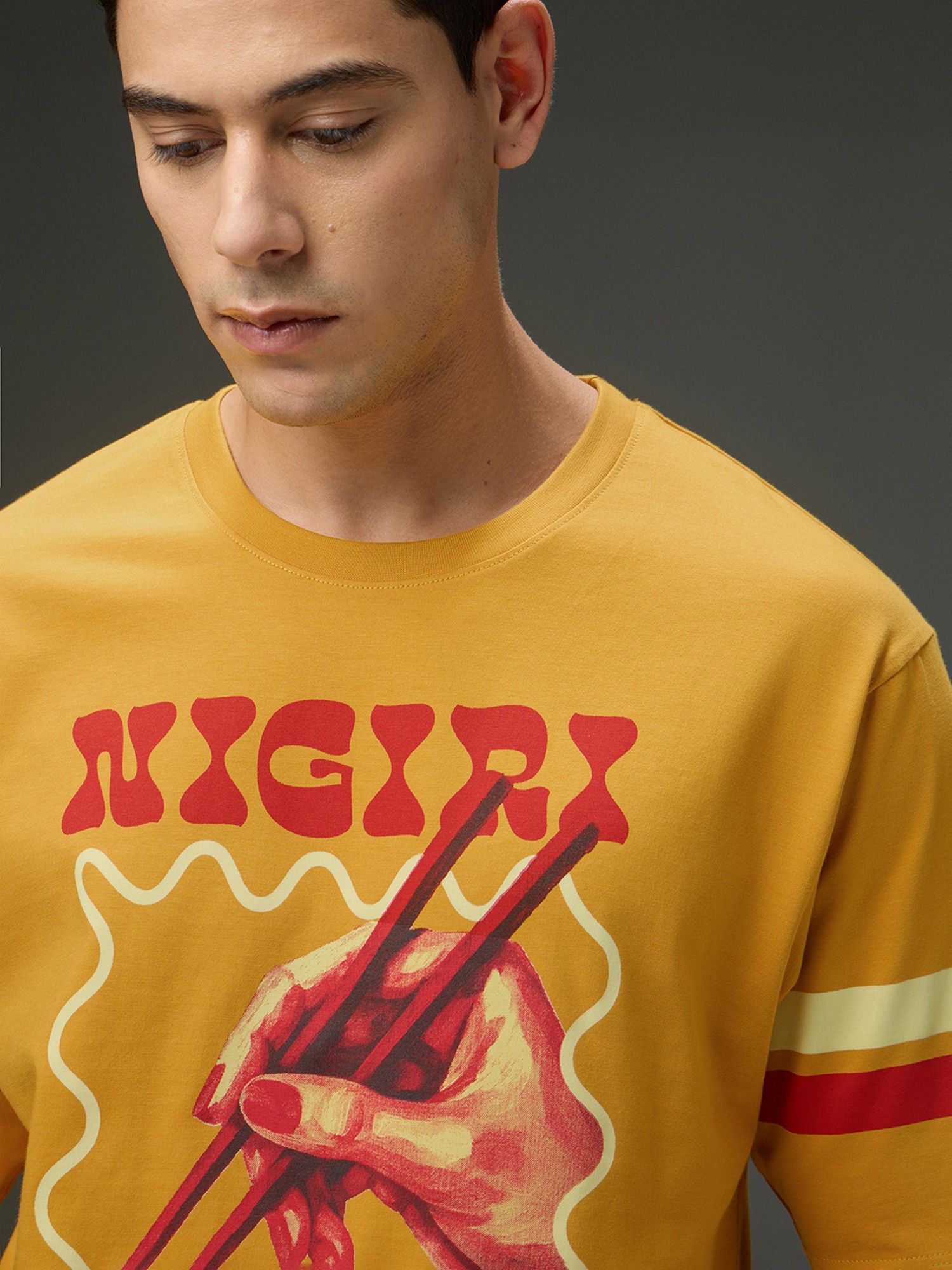 Men Round Neck Half Sleeve Yellow Printed Oversized Fit T-Shirt
