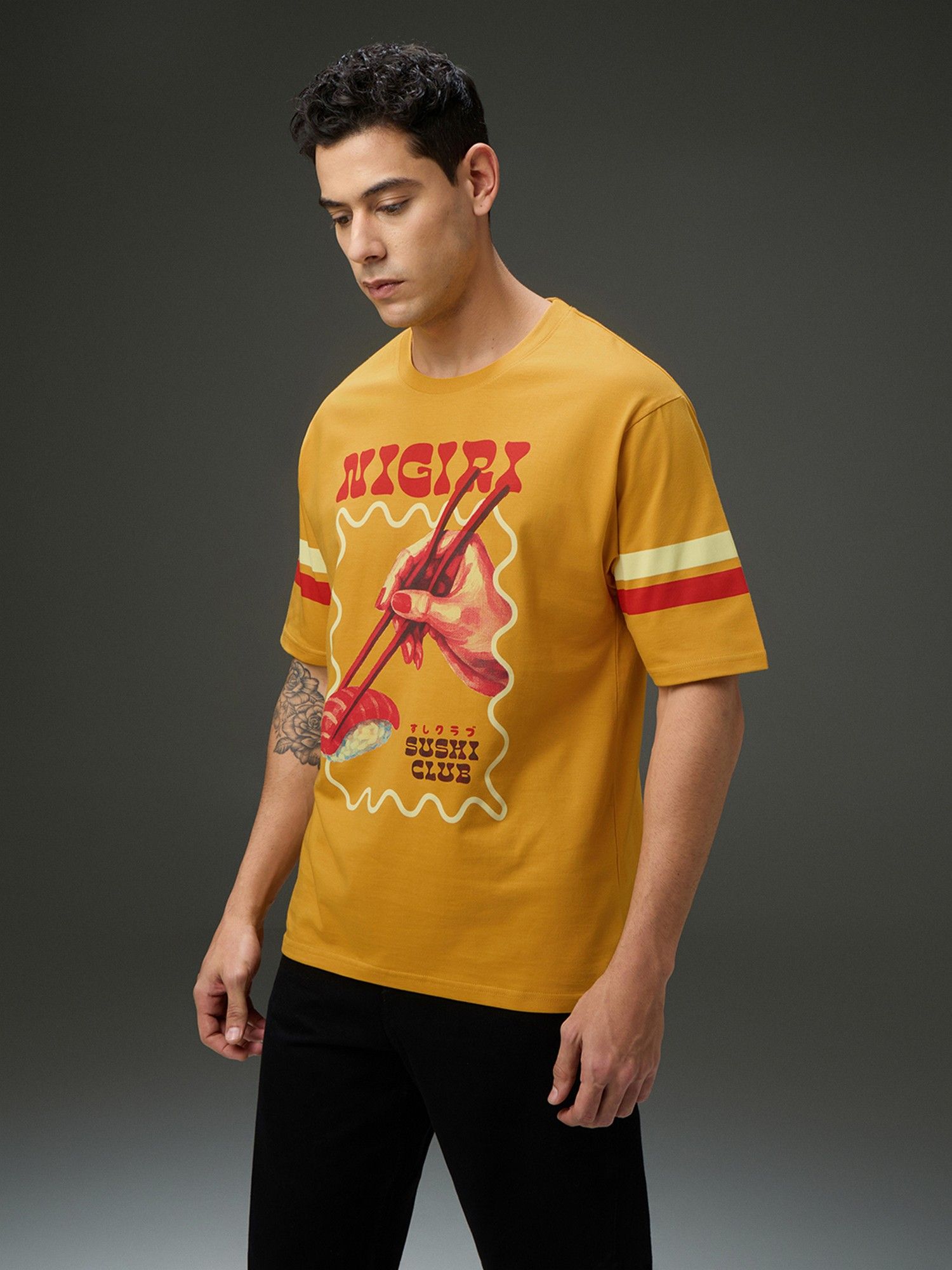 Men Round Neck Half Sleeve Yellow Printed Oversized Fit T-Shirt
