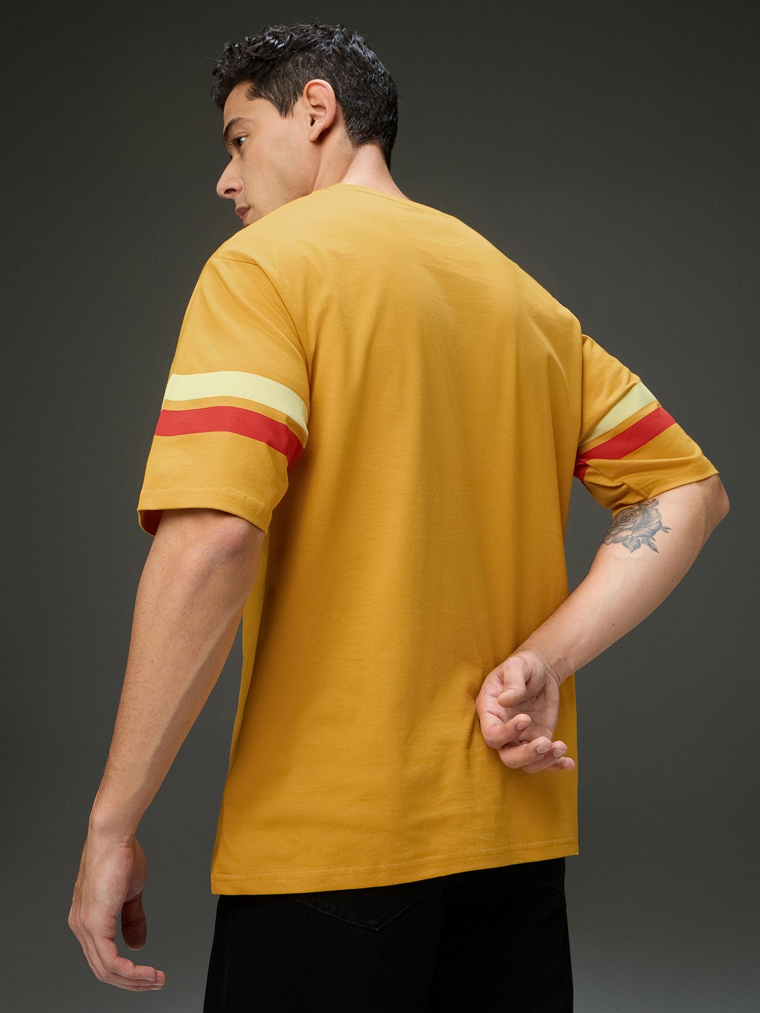 Men Round Neck Half Sleeve Yellow Printed Oversized Fit T-Shirt