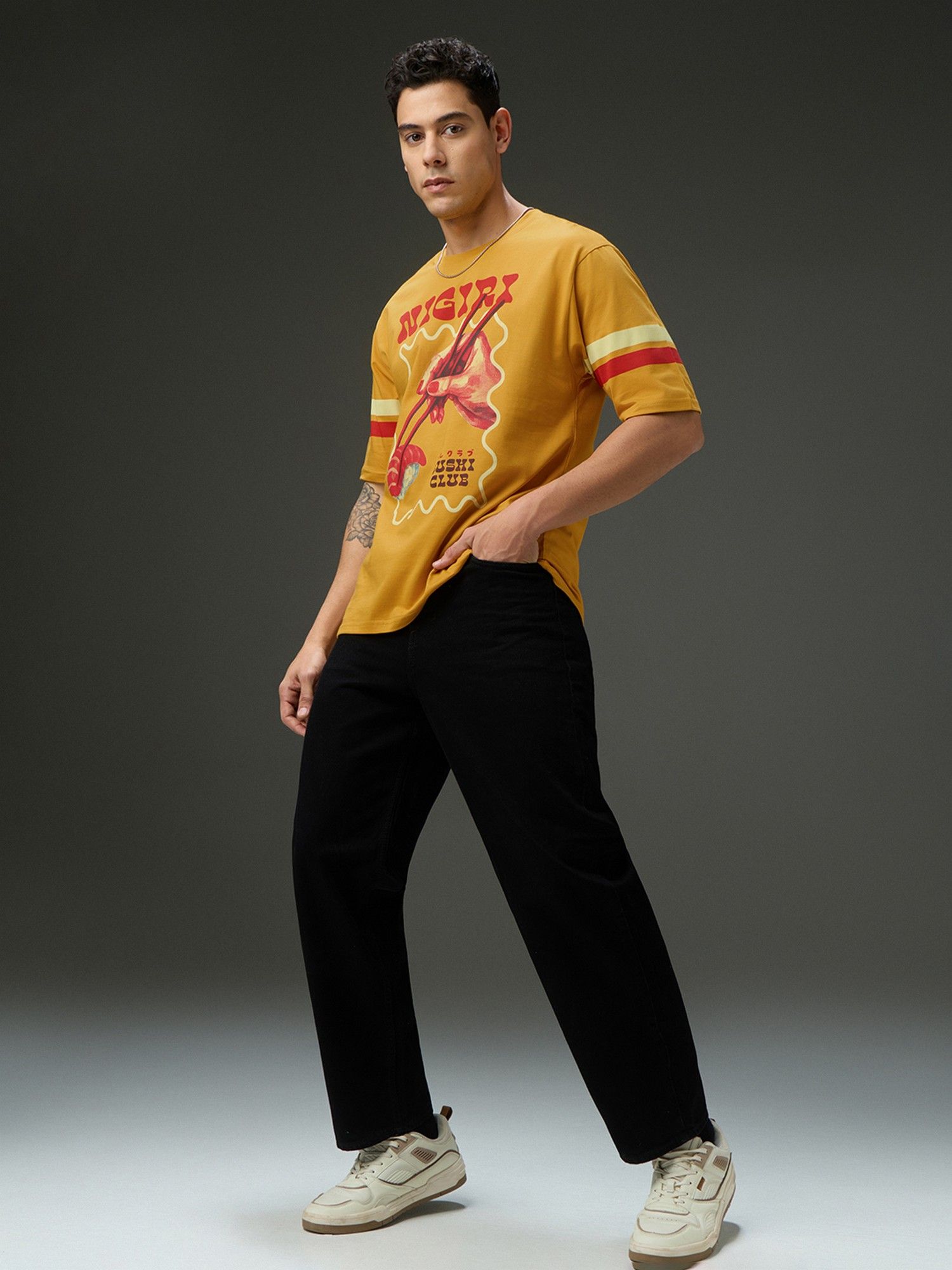 Men Round Neck Half Sleeve Yellow Printed Oversized Fit T-Shirt