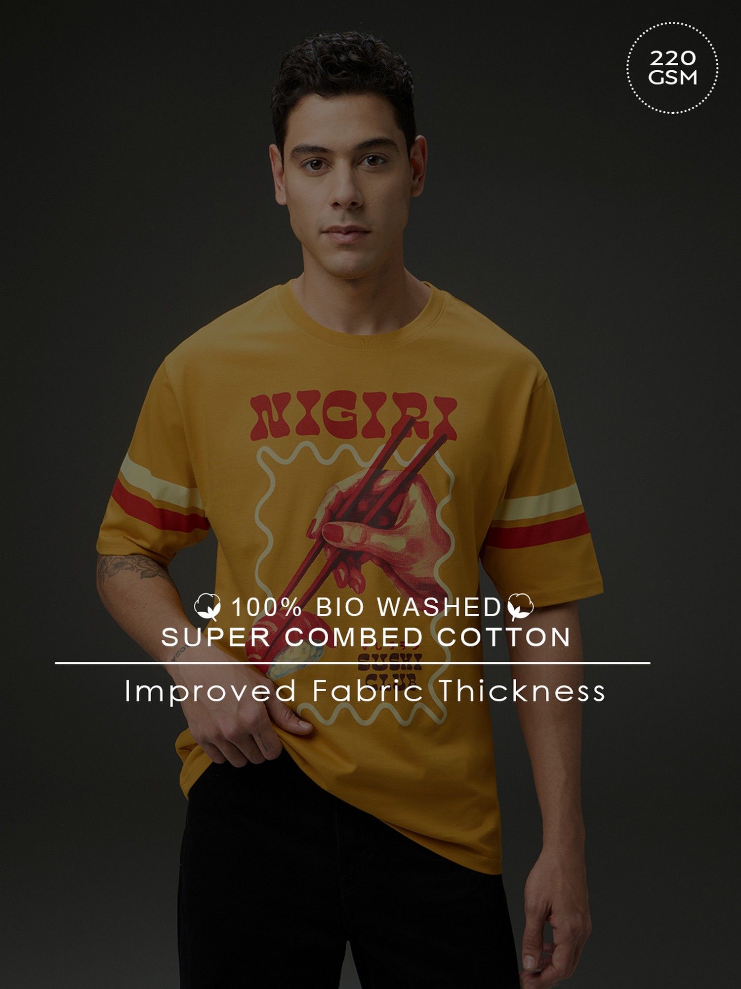 Men Round Neck Half Sleeve Yellow Printed Oversized Fit T-Shirt
