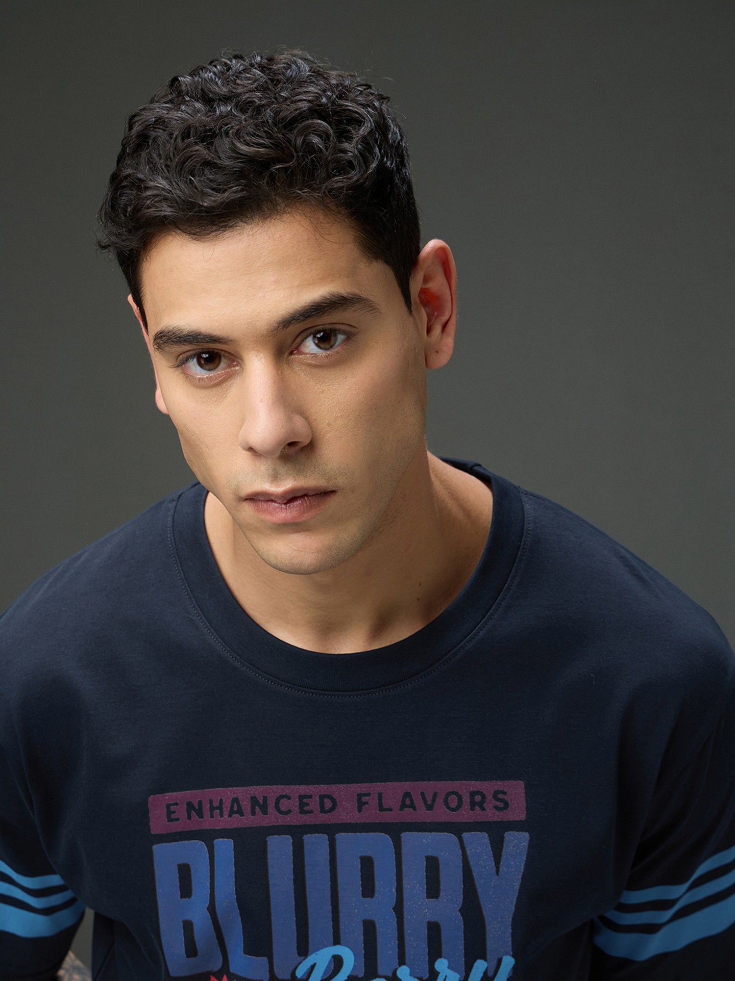 Men Round Neck Half Sleeve Navy Blue Printed Oversized Fit T-Shirt
