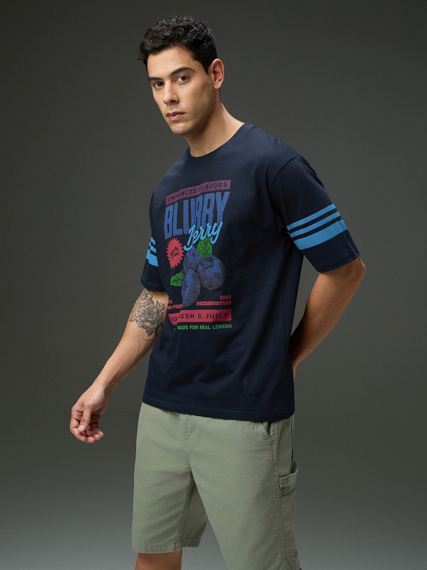Men Round Neck Half Sleeve Navy Blue Printed Oversized Fit T-Shirt