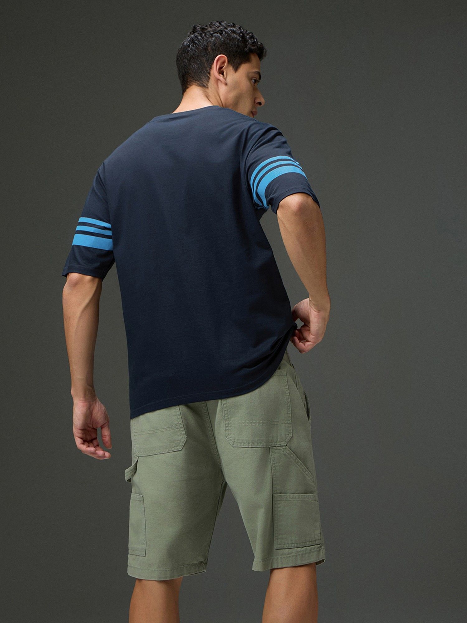 Men Round Neck Half Sleeve Navy Blue Printed Oversized Fit T-Shirt