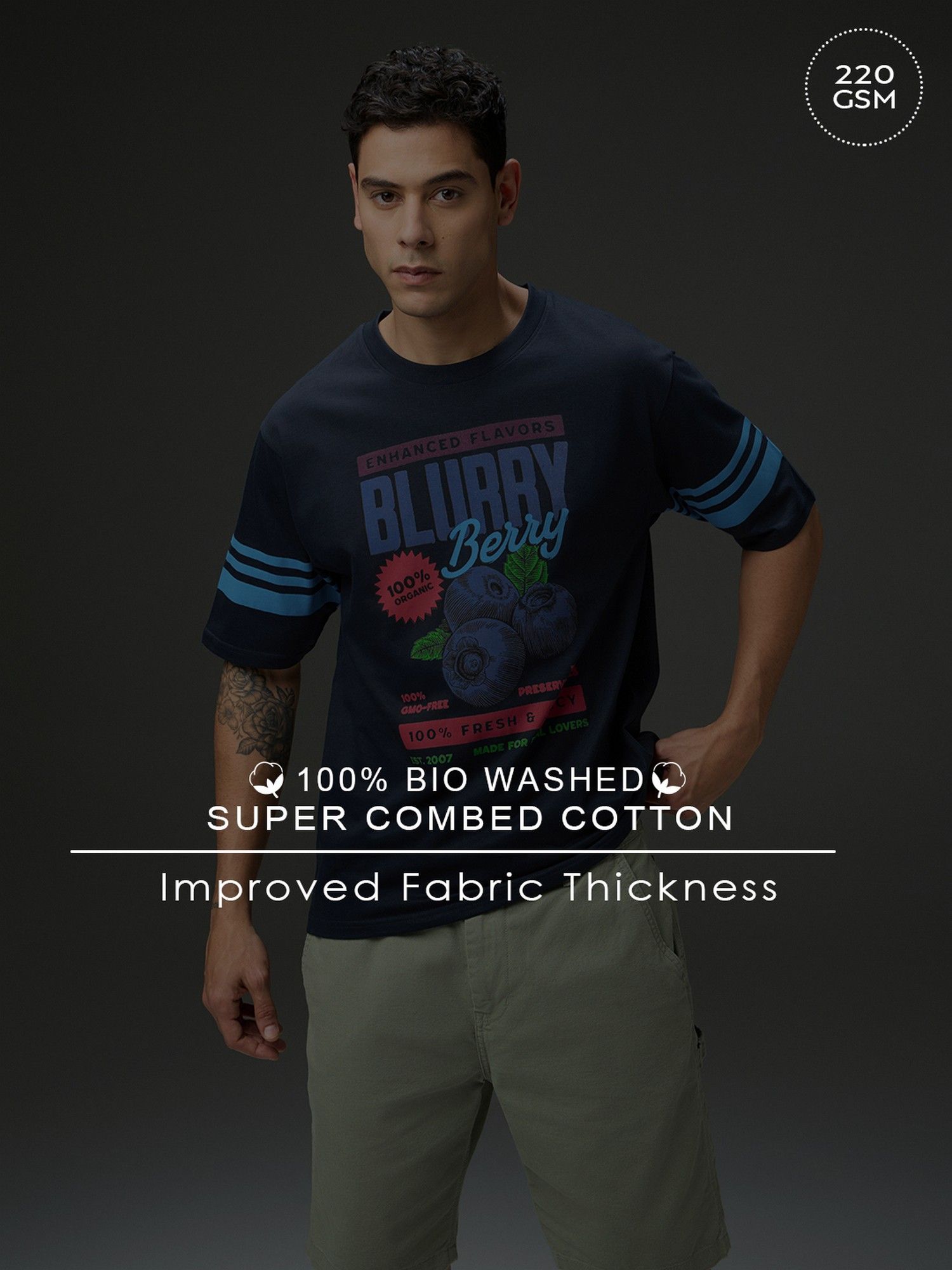 Men Round Neck Half Sleeve Navy Blue Printed Oversized Fit T-Shirt