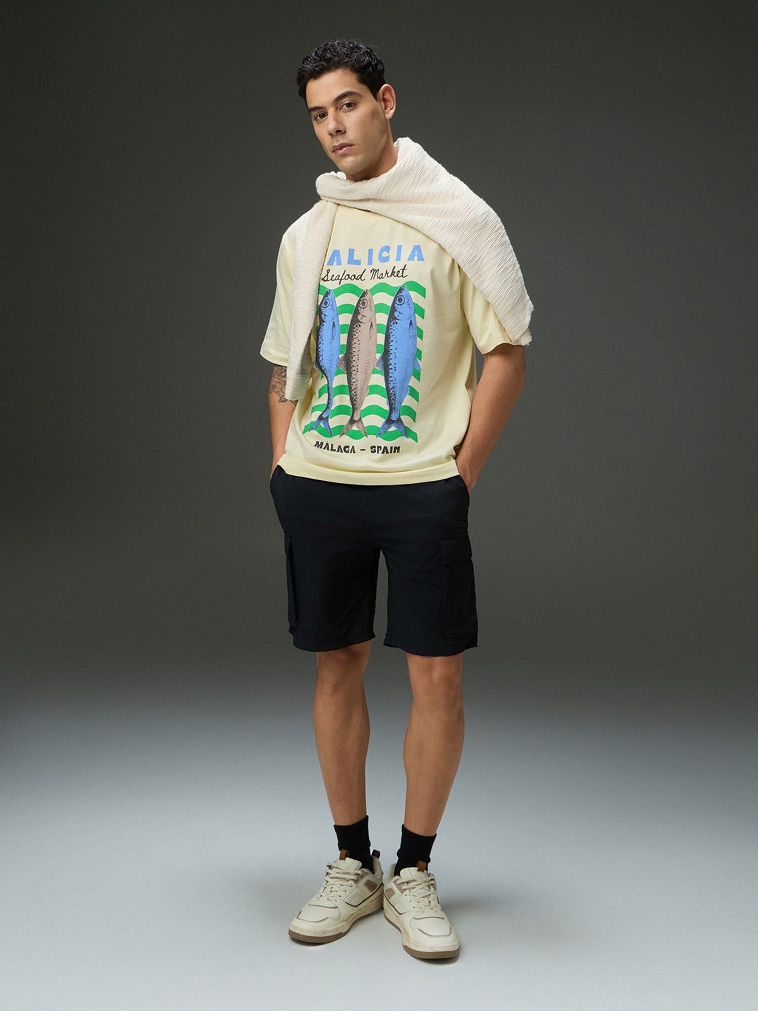 Men Round Neck Half Sleeve White Printed Oversized Fit T-Shirt