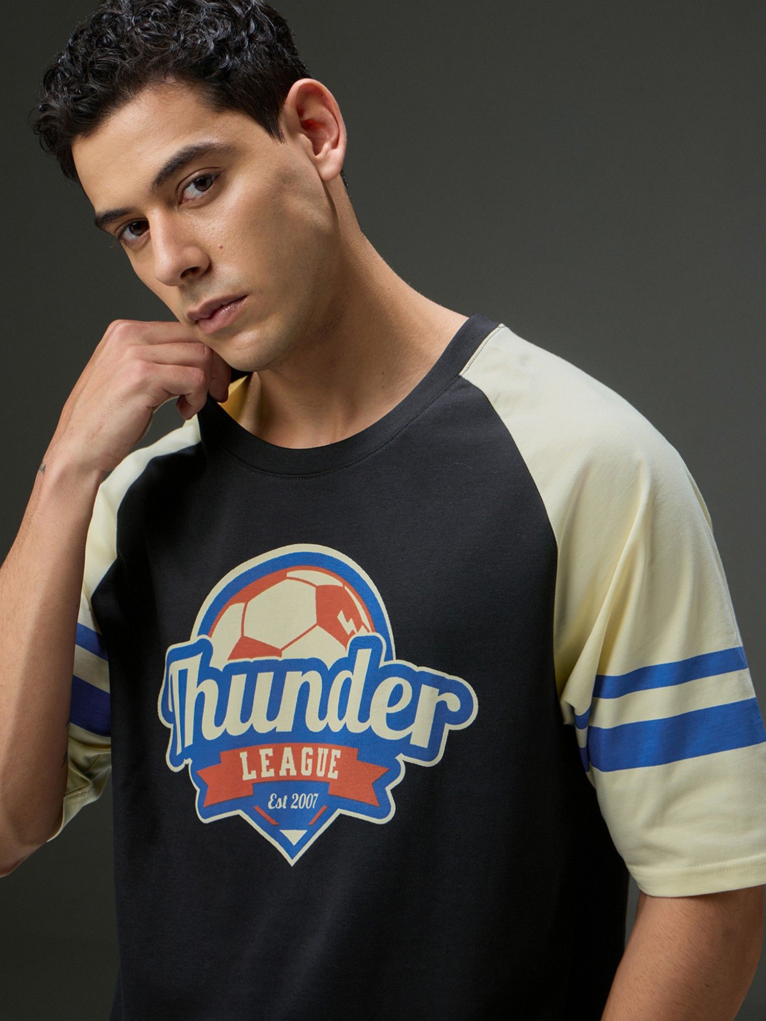 Men Round Neck Black Raglan Sleeve Printed Oversized Fit T-Shirt