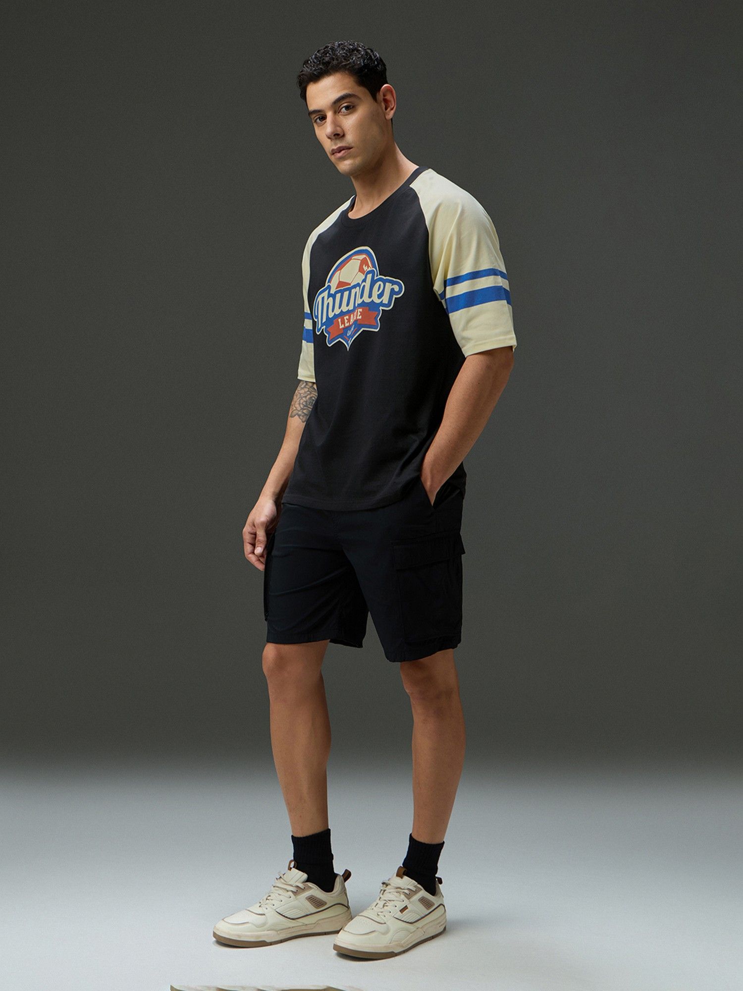 Men Round Neck Black Raglan Sleeve Printed Oversized Fit T-Shirt