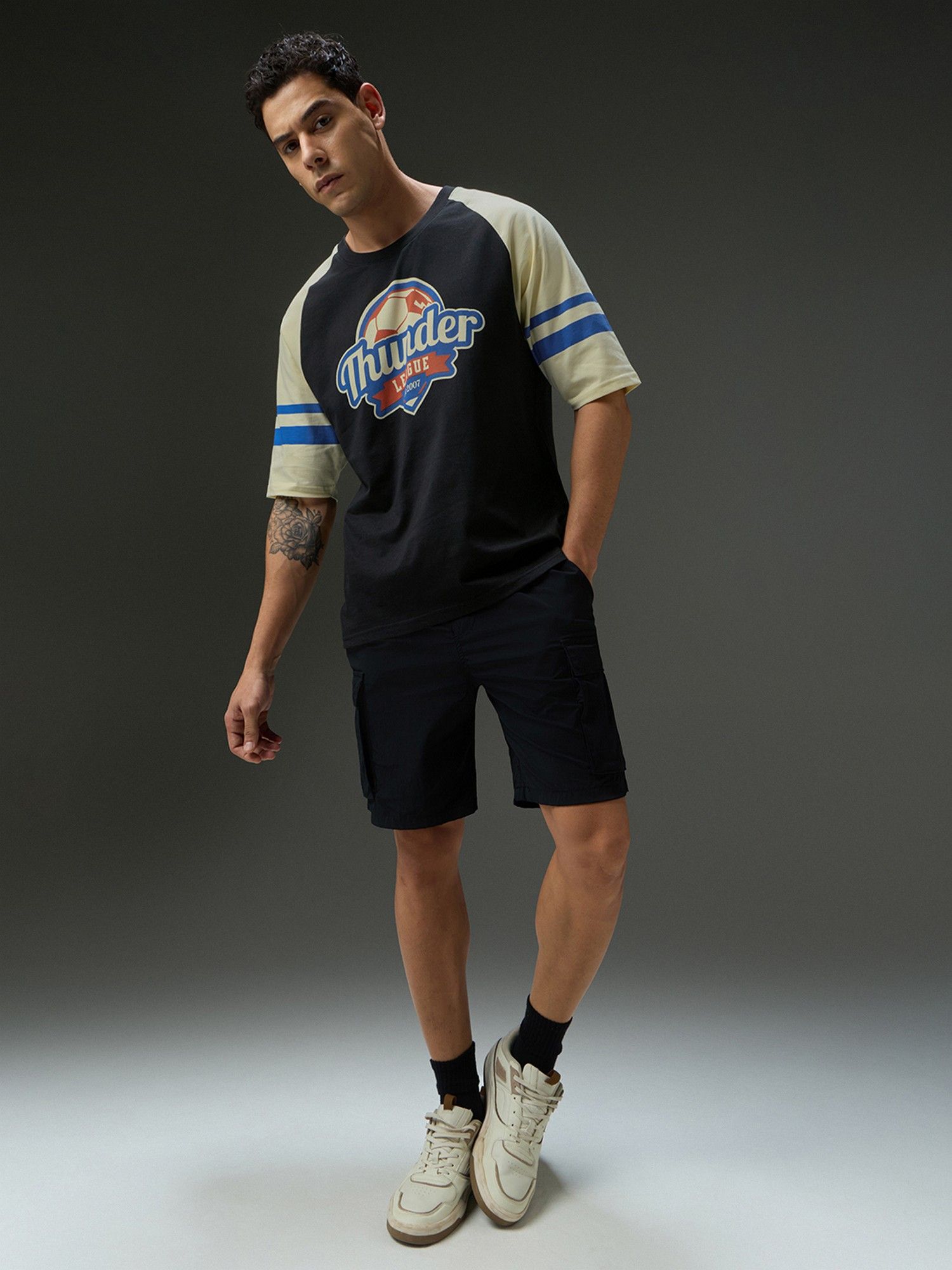 Men Round Neck Black Raglan Sleeve Printed Oversized Fit T-Shirt