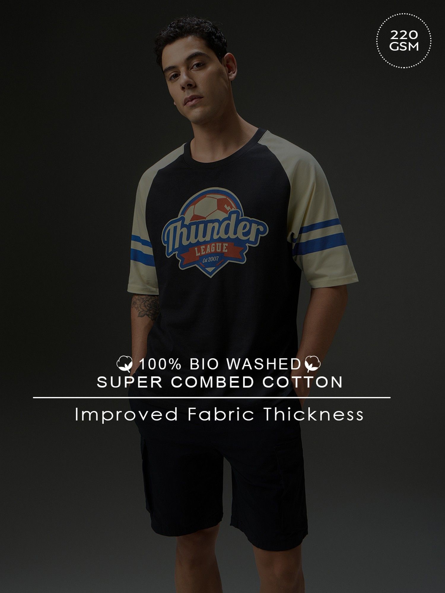 Men Round Neck Black Raglan Sleeve Printed Oversized Fit T-Shirt