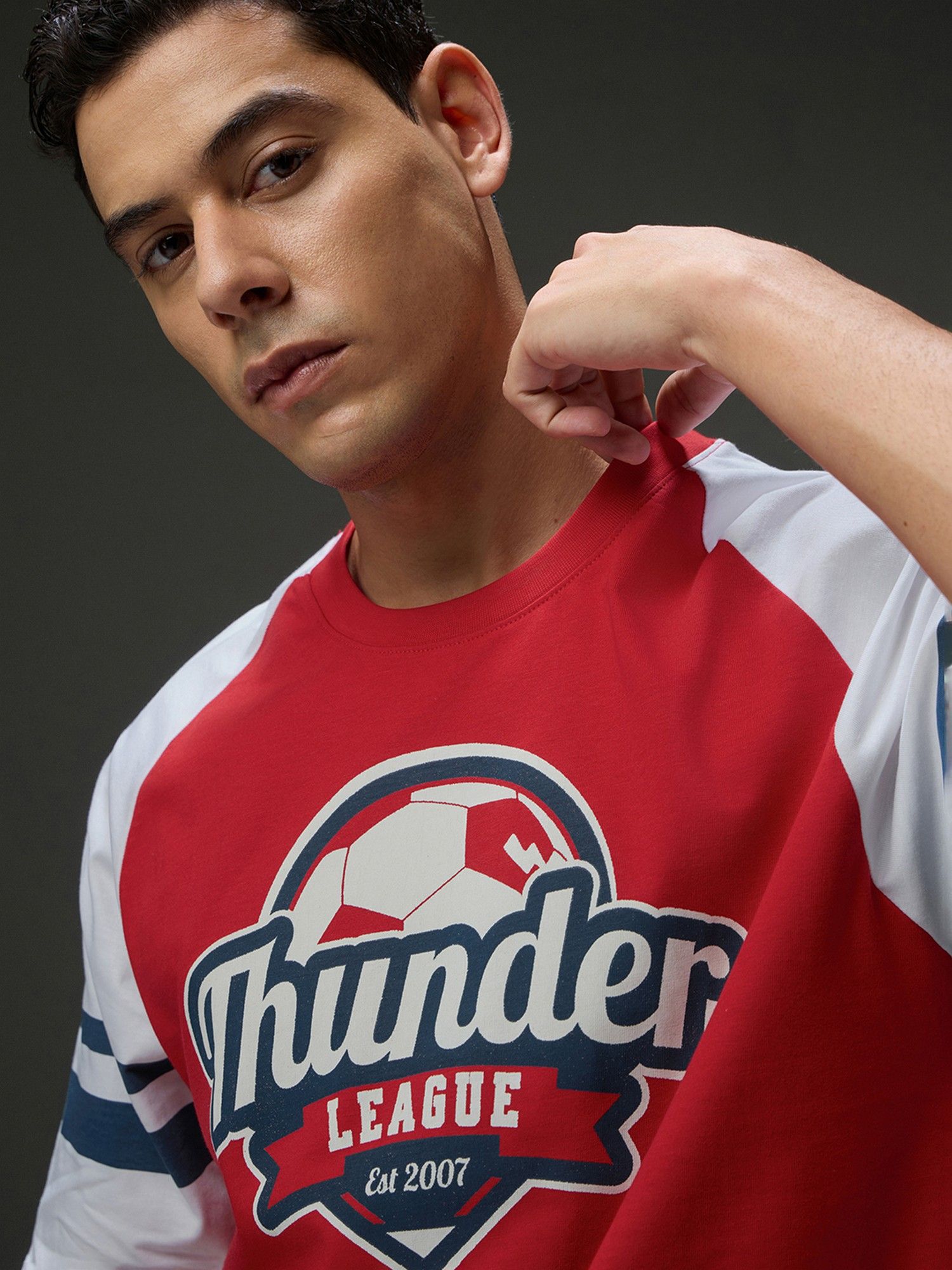 Men Round Neck Red Raglan Sleeve Printed Oversized Fit T-Shirt
