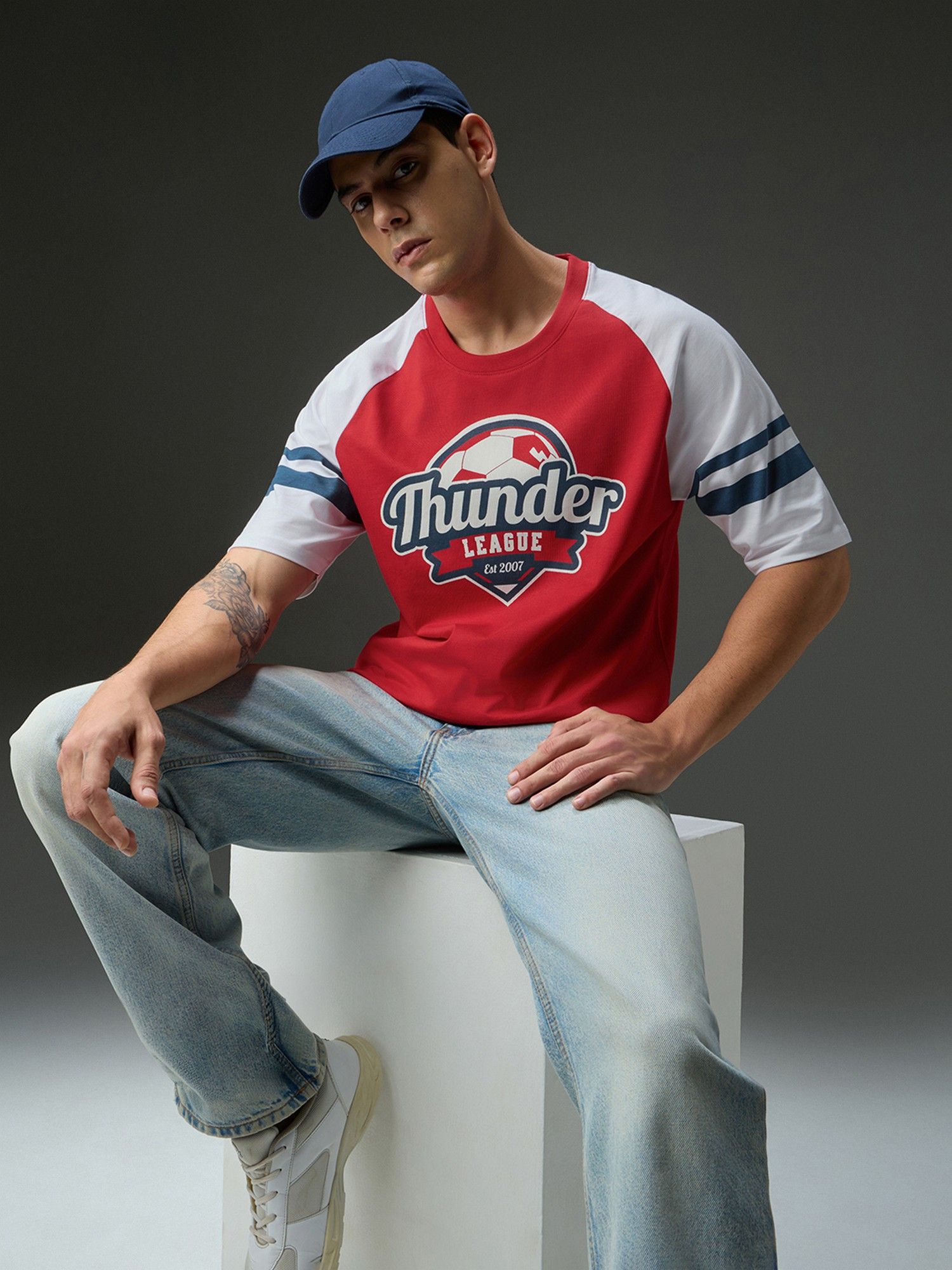 Men Round Neck Red Raglan Sleeve Printed Oversized Fit T-Shirt