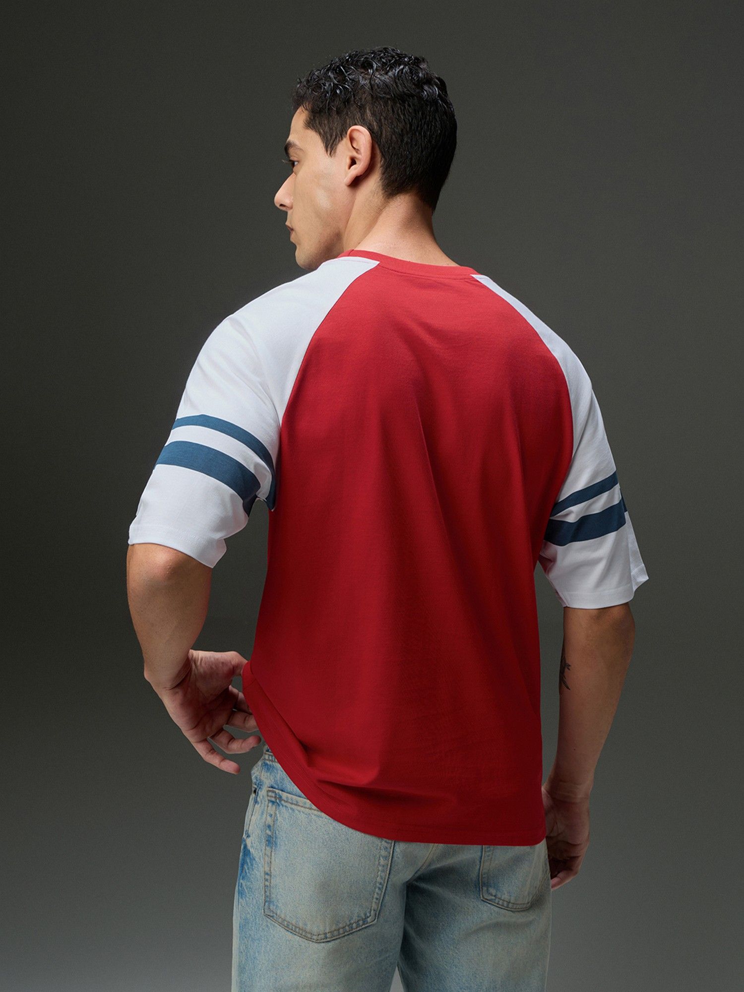 Men Round Neck Red Raglan Sleeve Printed Oversized Fit T-Shirt