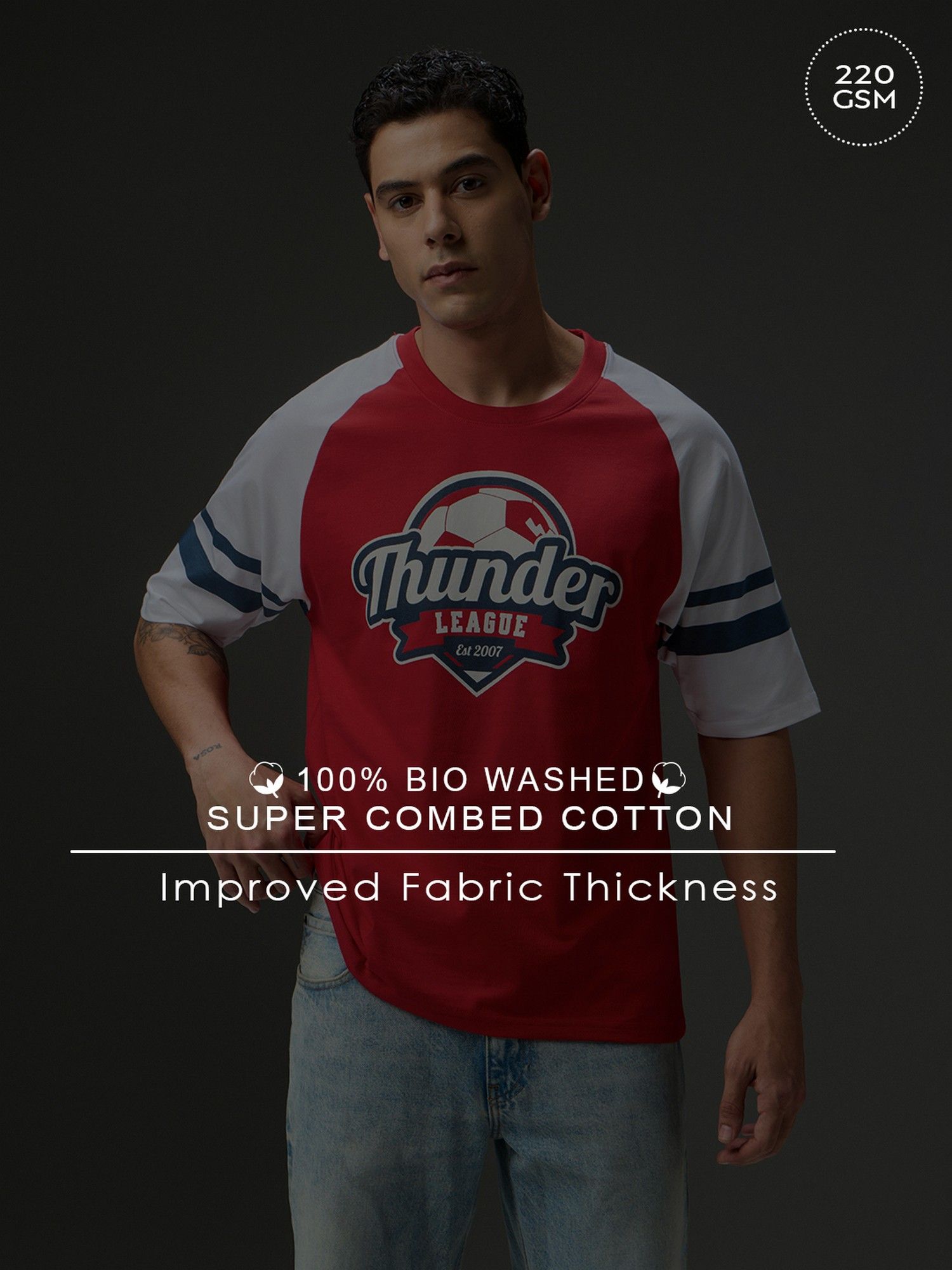 Men Round Neck Red Raglan Sleeve Printed Oversized Fit T-Shirt
