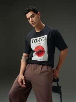DILLINGER - Men Round Neck Black Half Sleeve Printed Oversized Fit T-Shirt