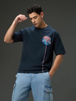 DILLINGER - Men Round Neck Navy Blue Half Sleeve Printed Oversized Fit T-Shirt